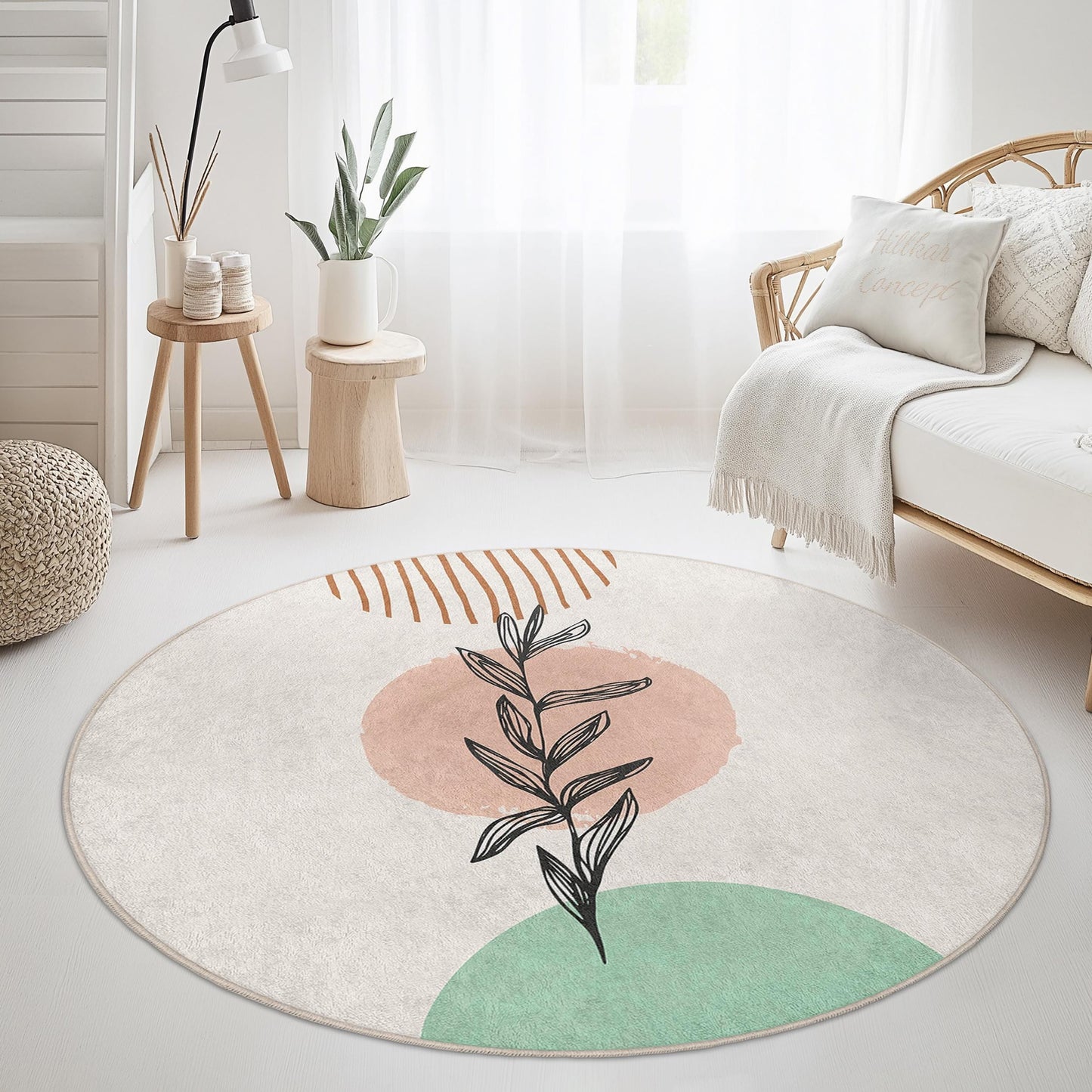 Abstract Botanical Round Area Rug | Modern Art Decor | Soft Cotton Washable Carpet for Living Room | Unique Home Accent