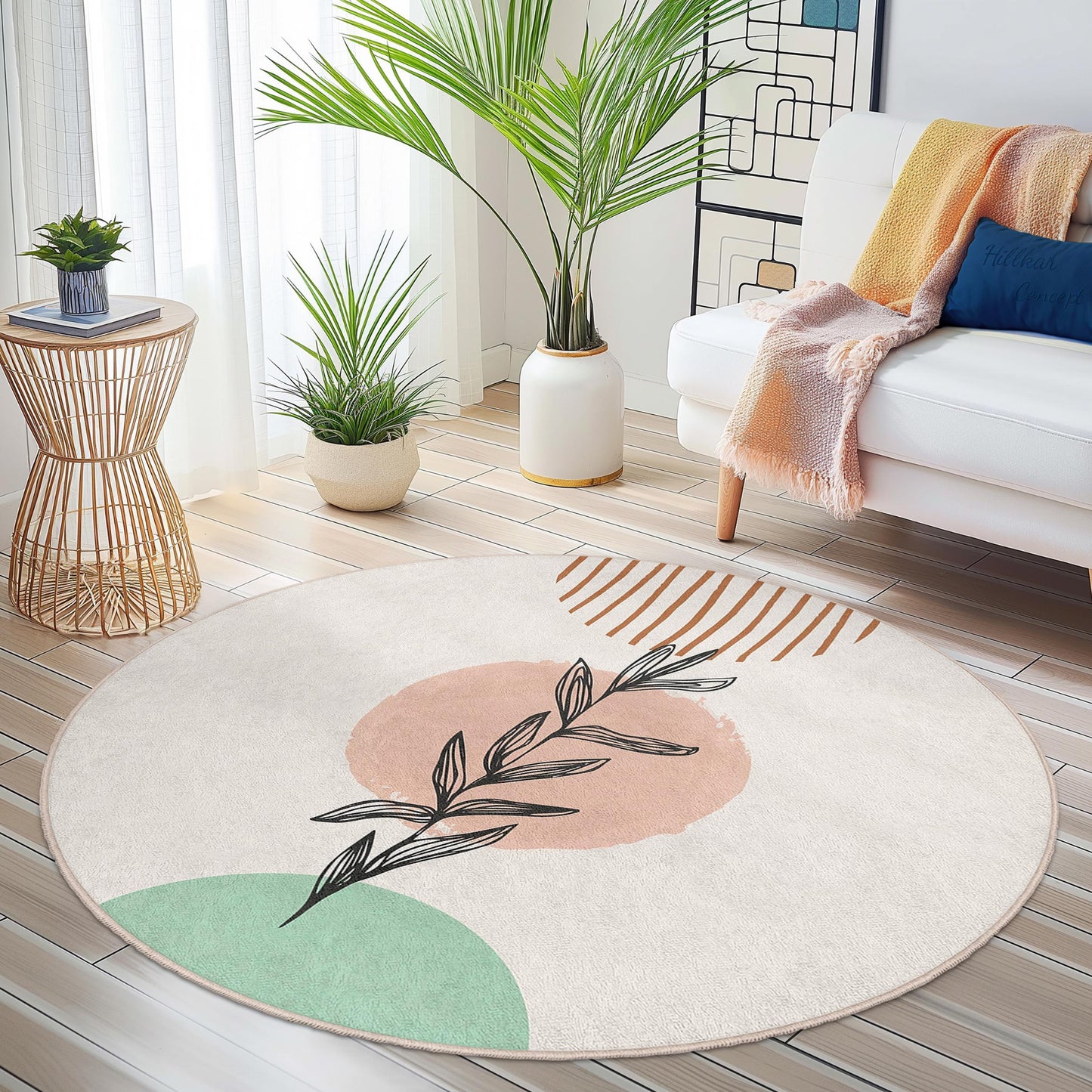 Abstract Botanical Round Area Rug | Modern Art Decor | Soft Cotton Washable Carpet for Living Room | Unique Home Accent