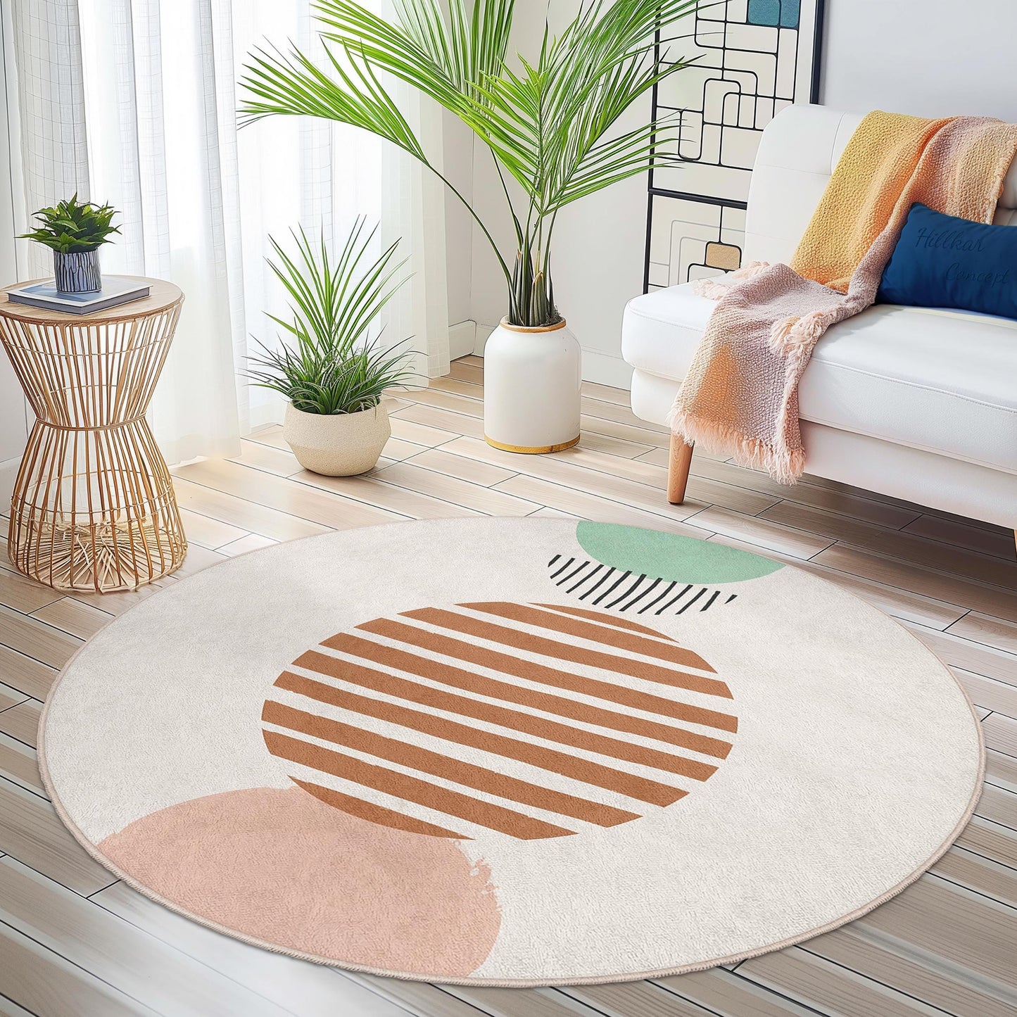 Abstract Geometric Round Area Rug | Modern Circular Carpet for Living Room | Soft Cotton Home Decor | Stylish Striped Design