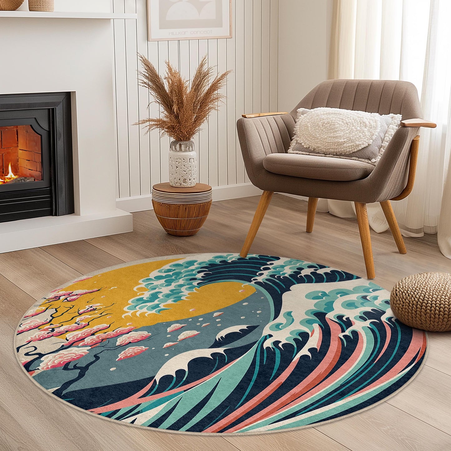 Waves and Cherry Blossoms Round Rug | Japanese Art Inspired Carpet | Coastal Home Decor | Soft Washable Area Rug