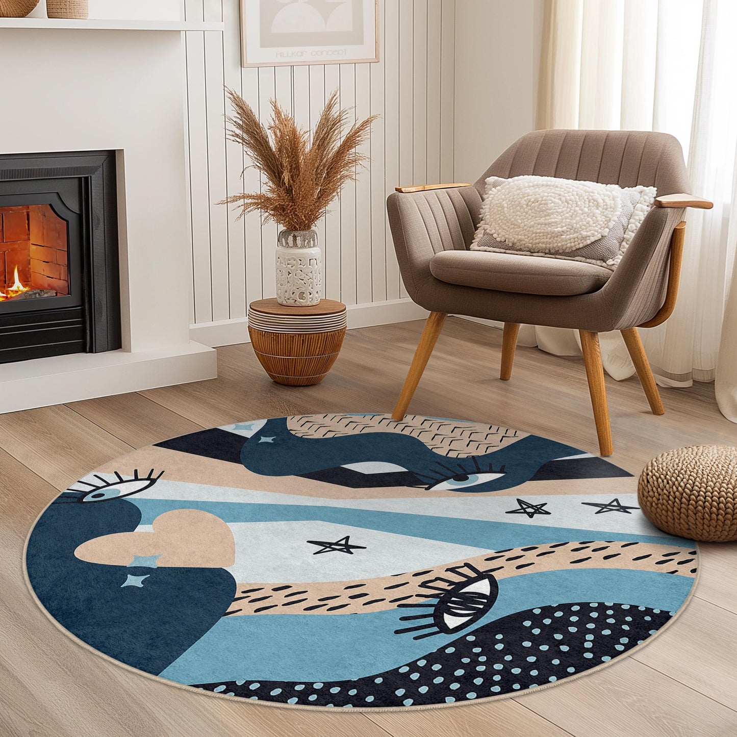 Abstract Eye Pattern Round Rug | Stylish Bohemian Floor Mat | Soft Cotton Carpet for Living Room | Unique Home Dcor