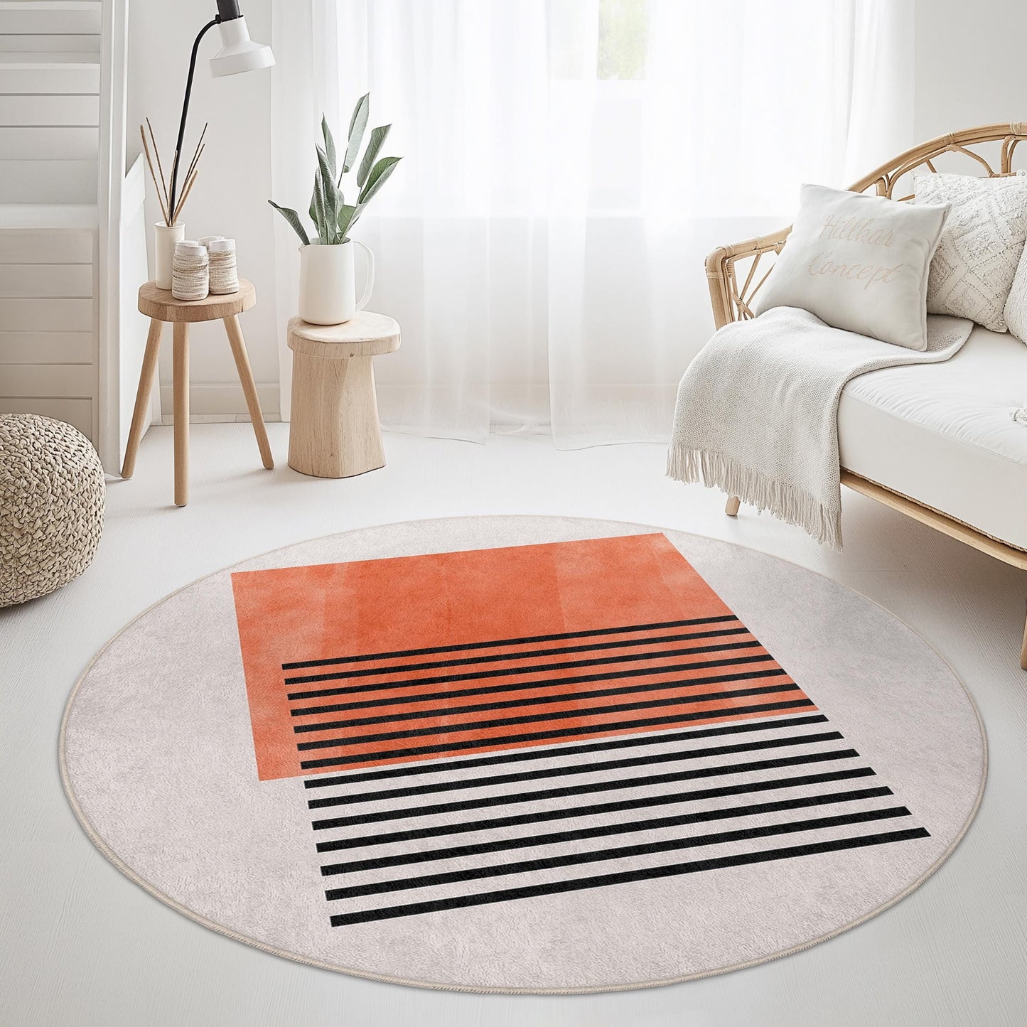 Abstract Coral Striped Round Rug | Soft Cotton Carpet for Living Room | Modern Home Decor | Stylish Circular Area Mat