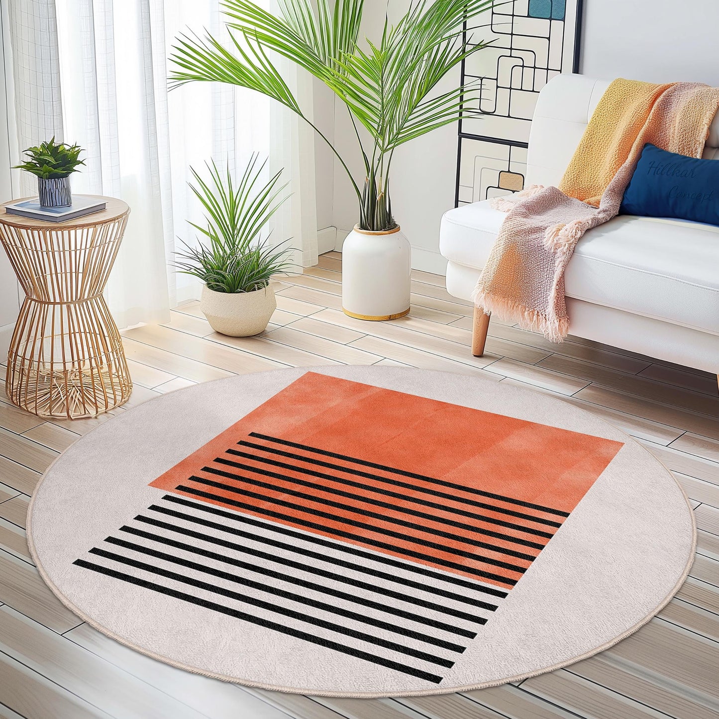 Abstract Coral Striped Round Rug | Soft Cotton Carpet for Living Room | Modern Home Decor | Stylish Circular Area Mat