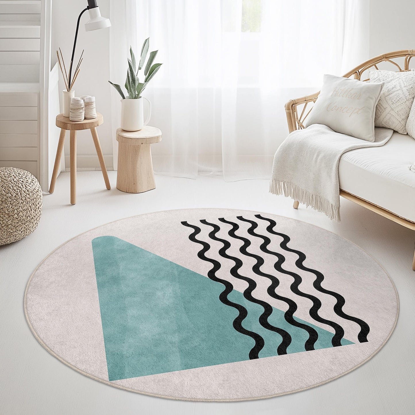 Abstract Waves Round Washable Area Rug | Modern Geometric Soft Carpet | Stylish Home Decor | Trendy Living Room Mat