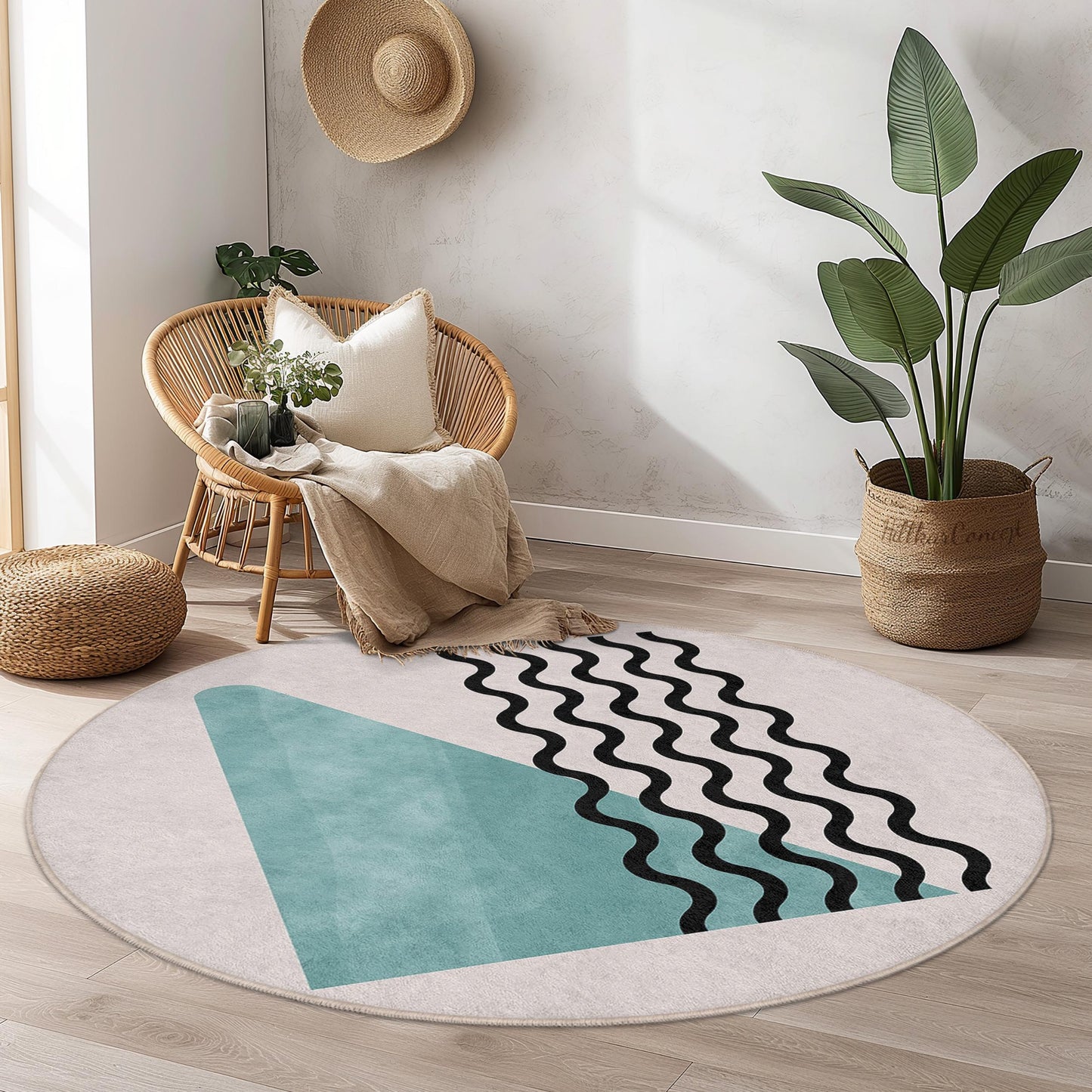Abstract Waves Round Washable Area Rug | Modern Geometric Soft Carpet | Stylish Home Decor | Trendy Living Room Mat
