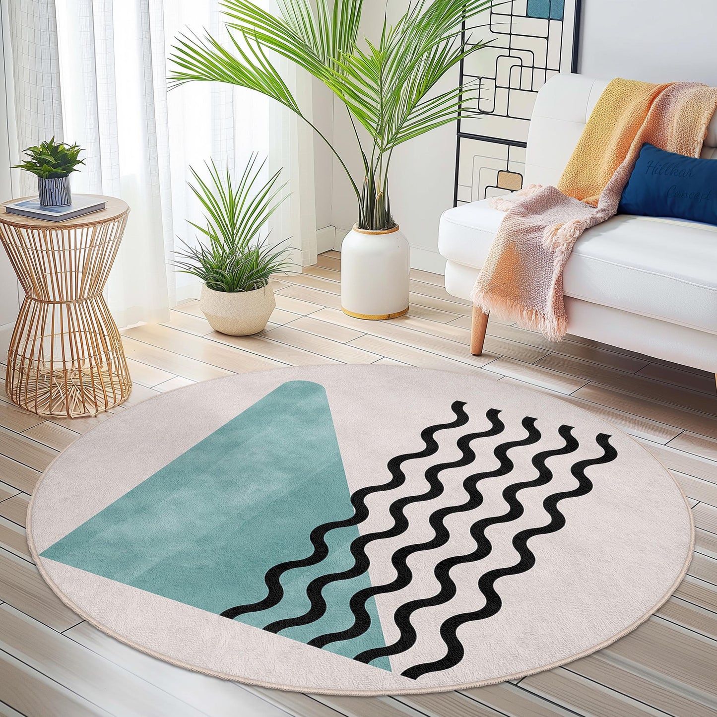 Abstract Waves Round Washable Area Rug | Modern Geometric Soft Carpet | Stylish Home Decor | Trendy Living Room Mat