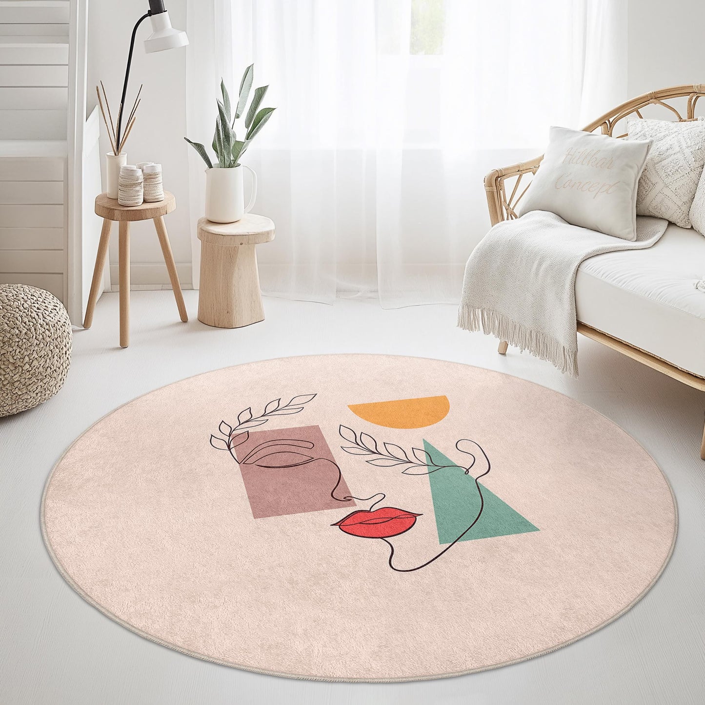 Abstract Line Art Round Rug | Minimalist Boho Decor for Living Room | Stylish Area Carpet | Modern Home Accessories