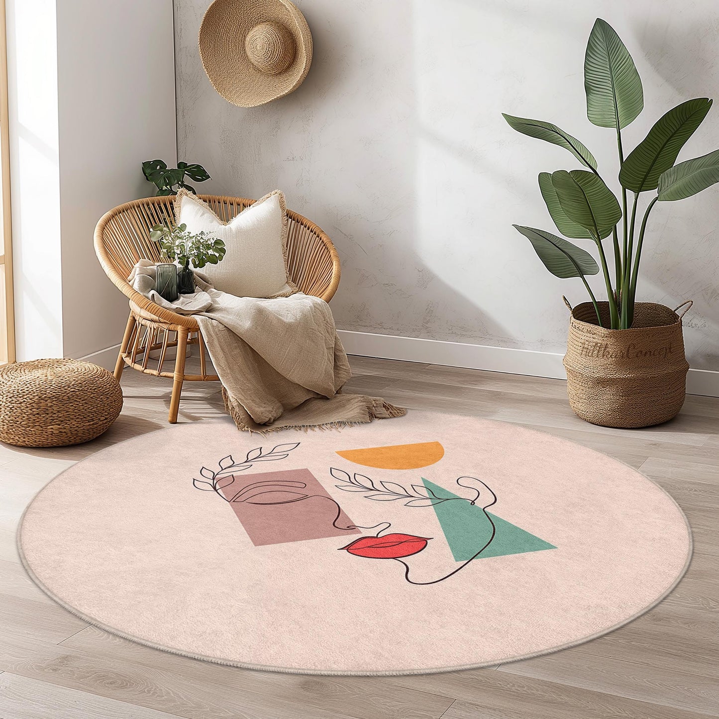 Abstract Line Art Round Rug | Minimalist Boho Decor for Living Room | Stylish Area Carpet | Modern Home Accessories