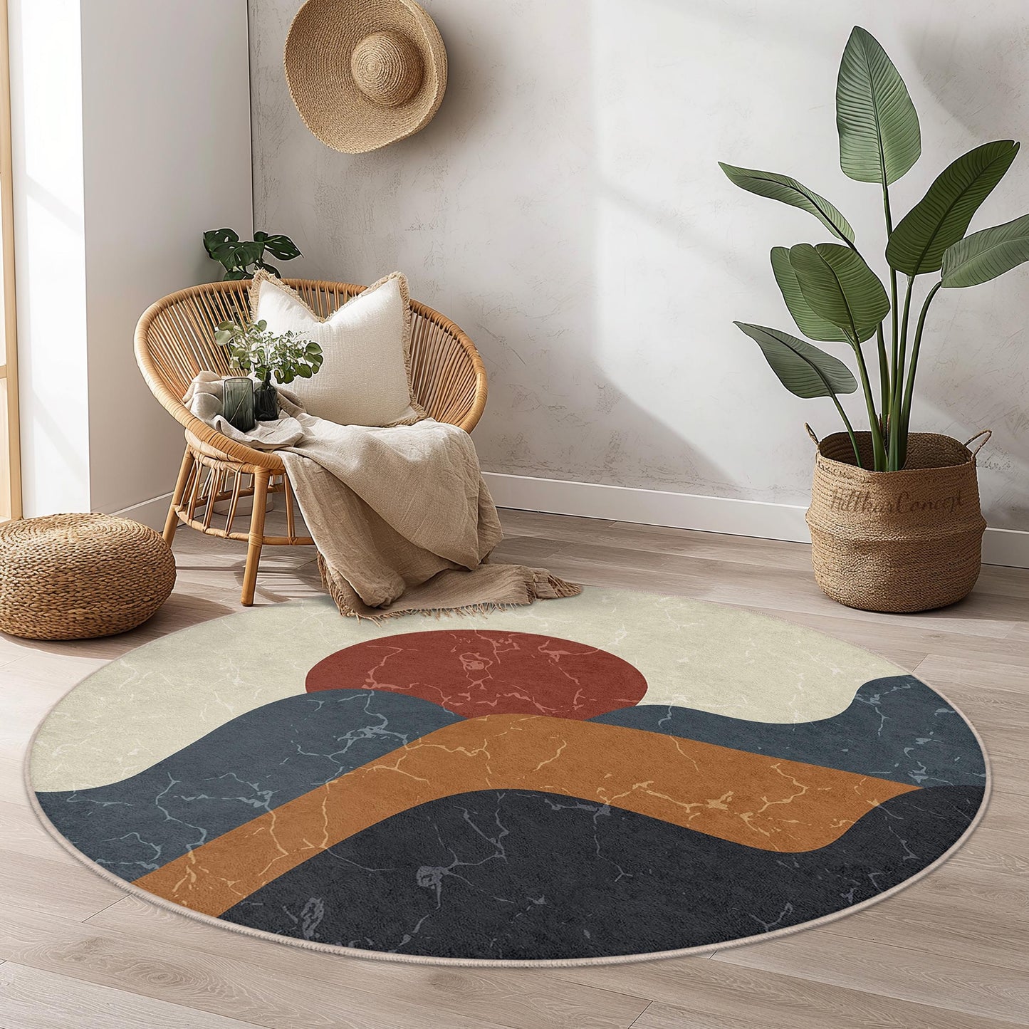 Abstract Mountain Round Rug | Modern Bohemian Home Decor | Soft Cotton Area Carpet | Stylish Living Room Mat