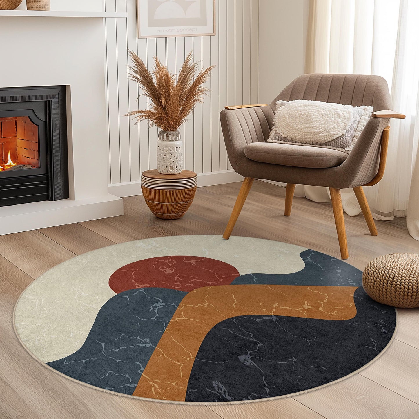 Abstract Mountain Round Rug | Modern Bohemian Home Decor | Soft Cotton Area Carpet | Stylish Living Room Mat