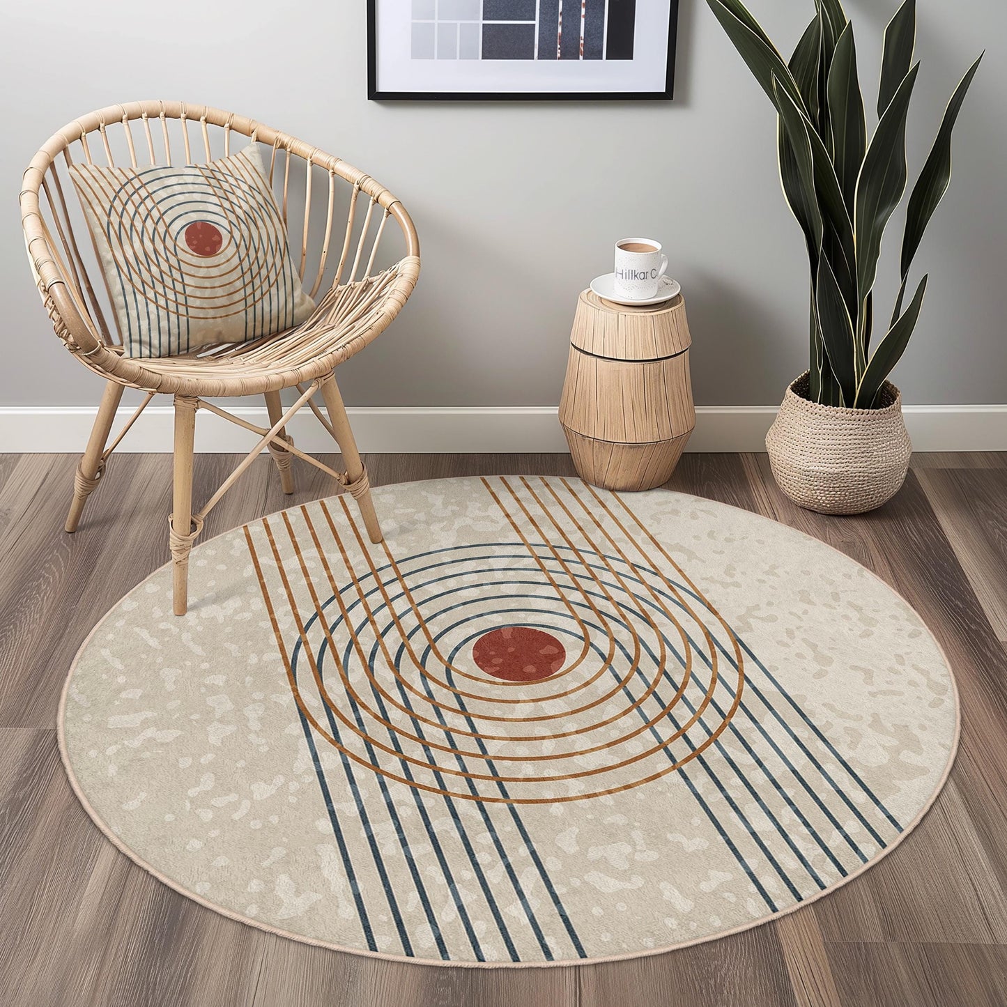 Geometric Circle Pattern Washable Round Rug | Modern Home Decor | Soft Area Carpet for Living Room | Stylish Boho Accent Rug