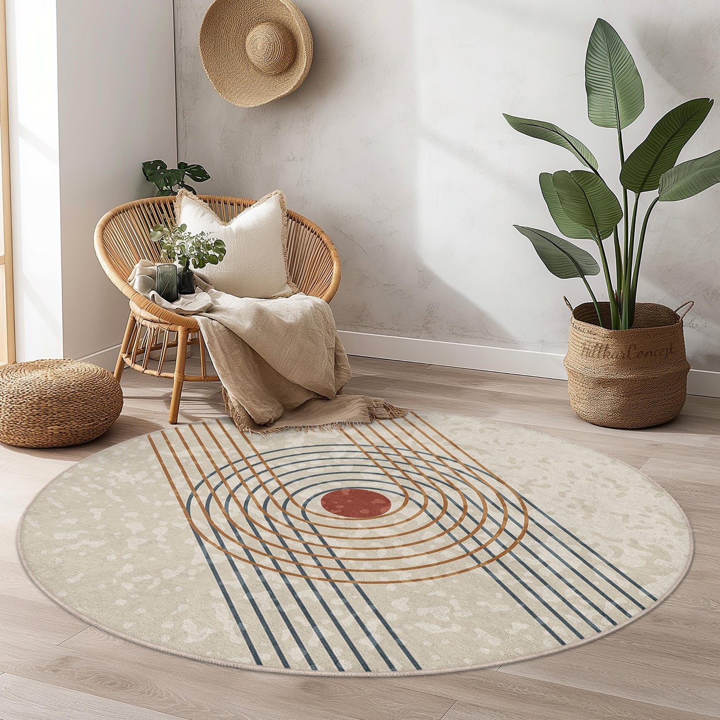 Geometric Circle Pattern Washable Round Rug | Modern Home Decor | Soft Area Carpet for Living Room | Stylish Boho Accent Rug