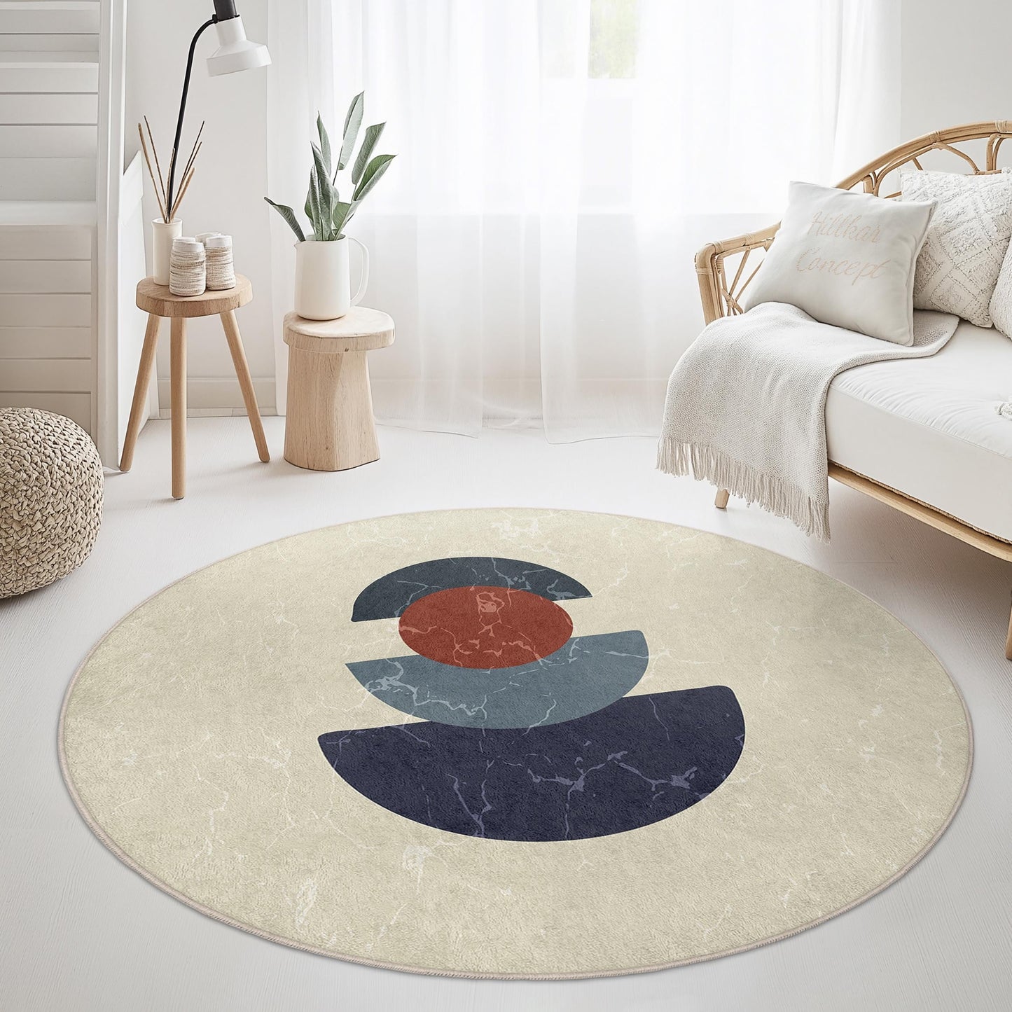 Abstract Geometric Round Area Rug | Modern Art Decor | Soft Cotton Floor Mat | Stylish Living Room Carpet