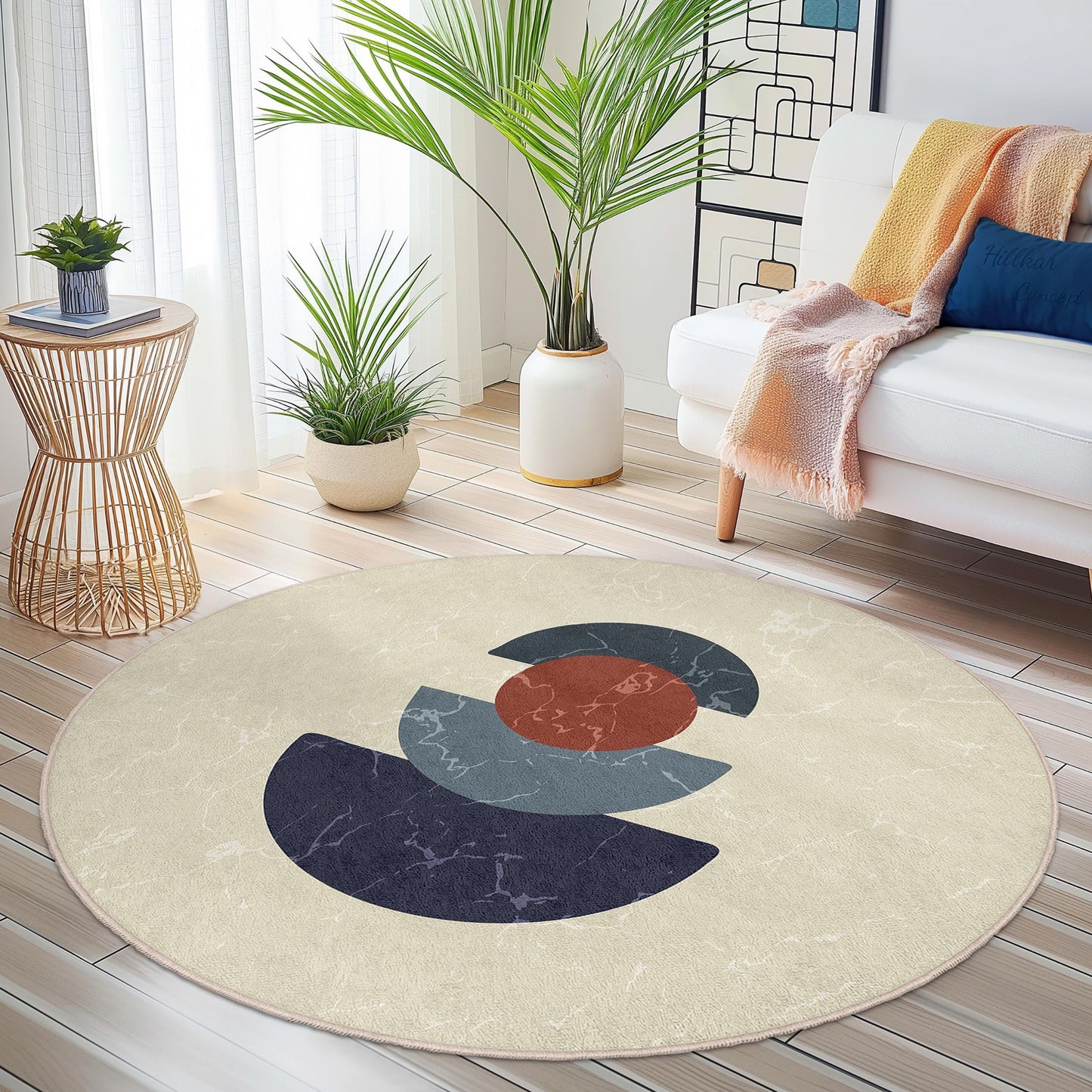 Abstract Geometric Round Area Rug | Modern Art Decor | Soft Cotton Floor Mat | Stylish Living Room Carpet