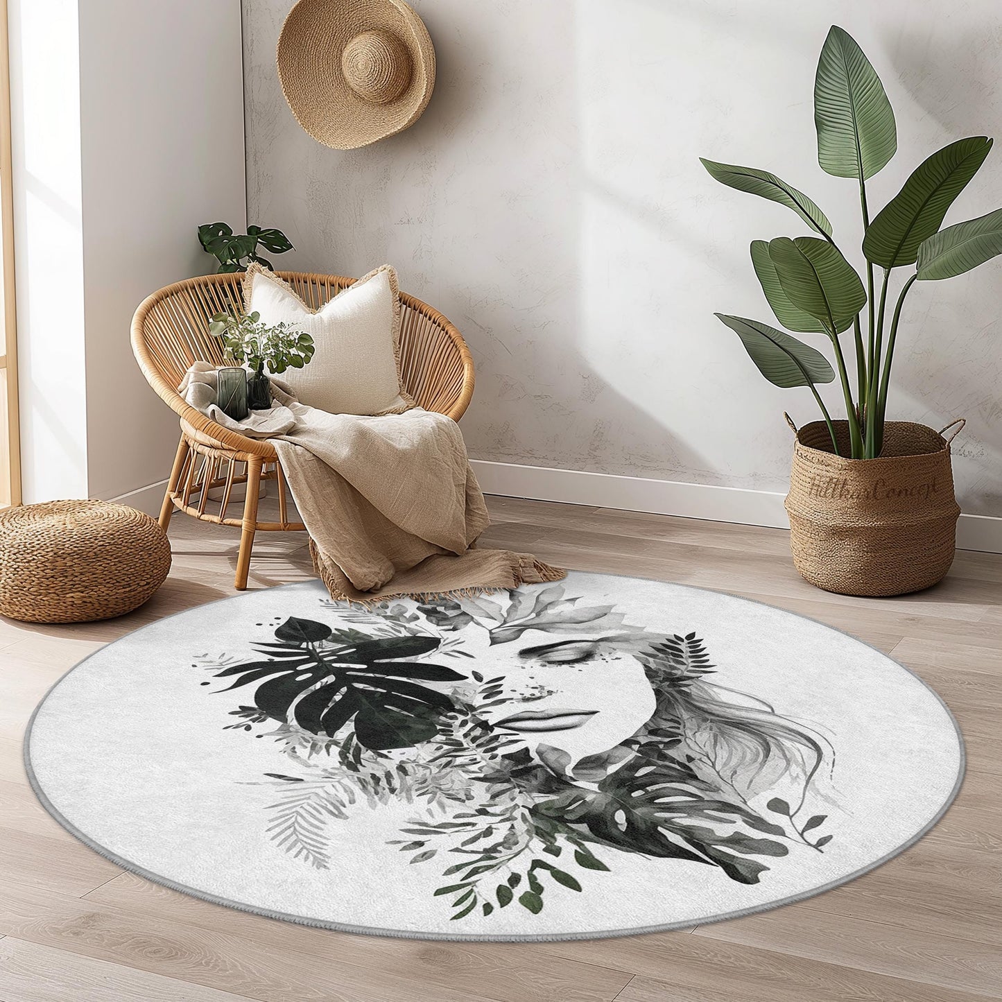 Floral Face Design Round Washable Area Rug | Botanical Art Carpet | Stylish Home Decor | Unique Round Floor Mat