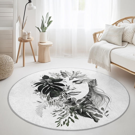 Floral Face Design Round Washable Area Rug | Botanical Art Carpet | Stylish Home Decor | Unique Round Floor Mat