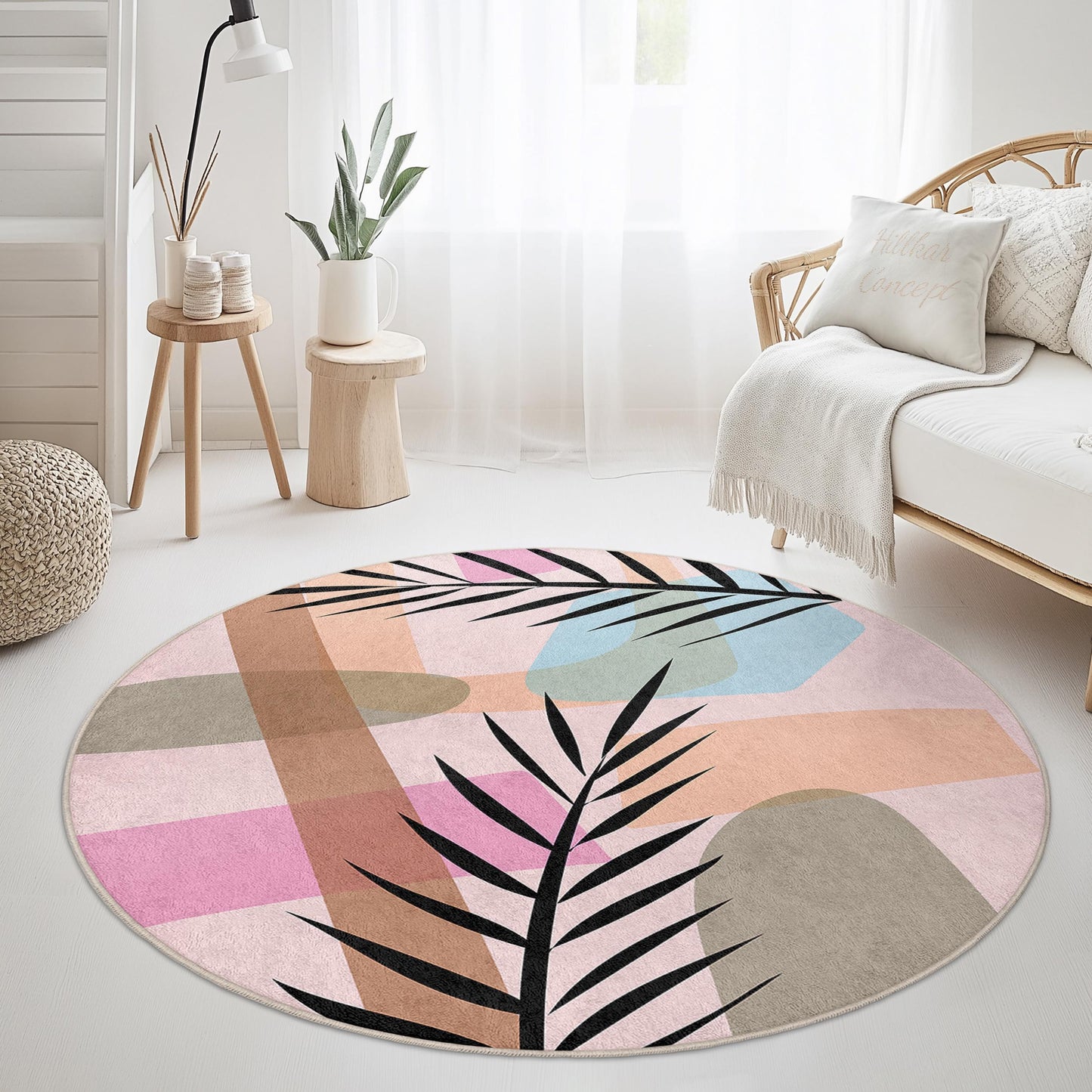 Abstract Leaf Design Round Area Rug | Soft Cotton Circle Carpet | Stylish Home Decor | Unique Boho Living Room Rug