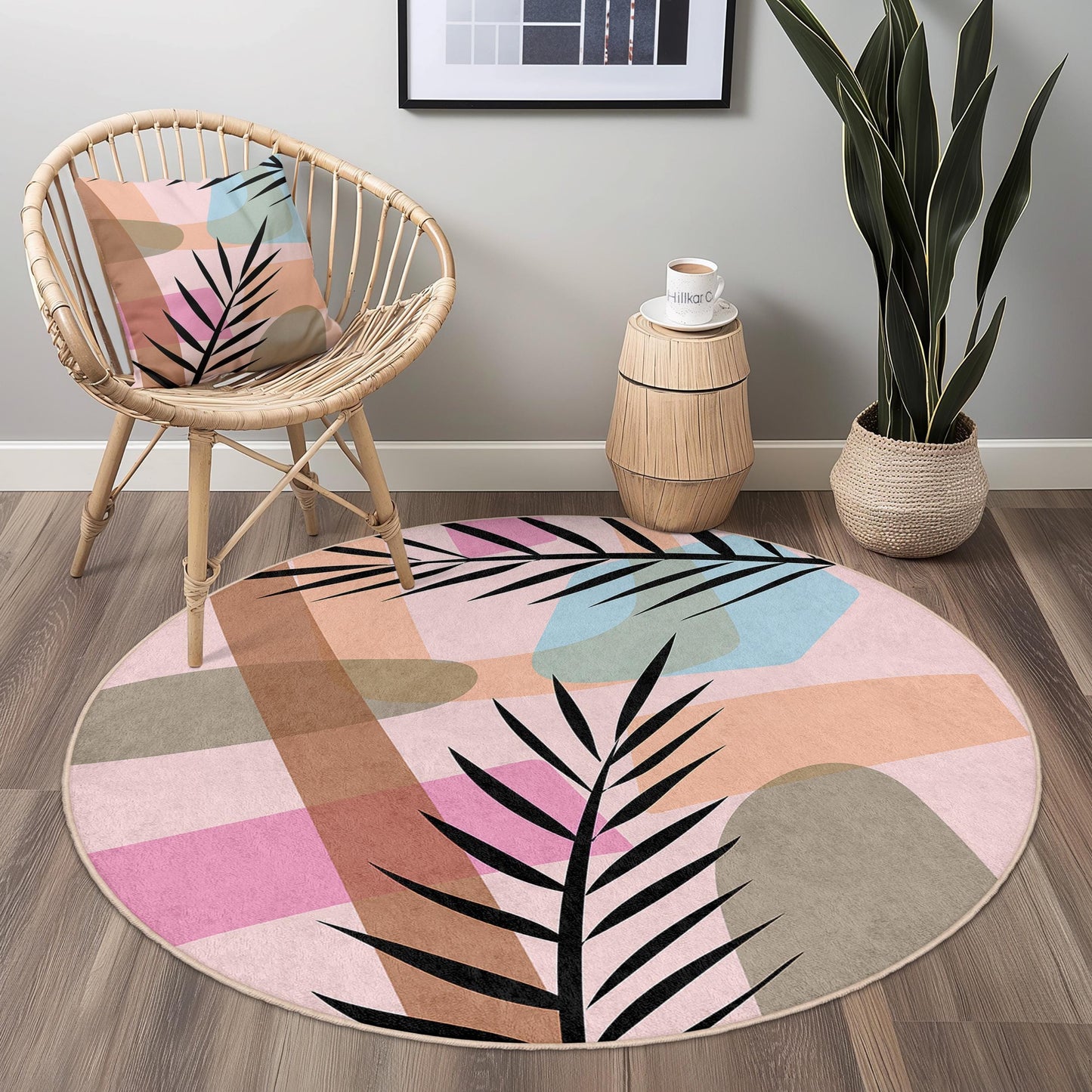 Abstract Leaf Design Round Area Rug | Soft Cotton Circle Carpet | Stylish Home Decor | Unique Boho Living Room Rug