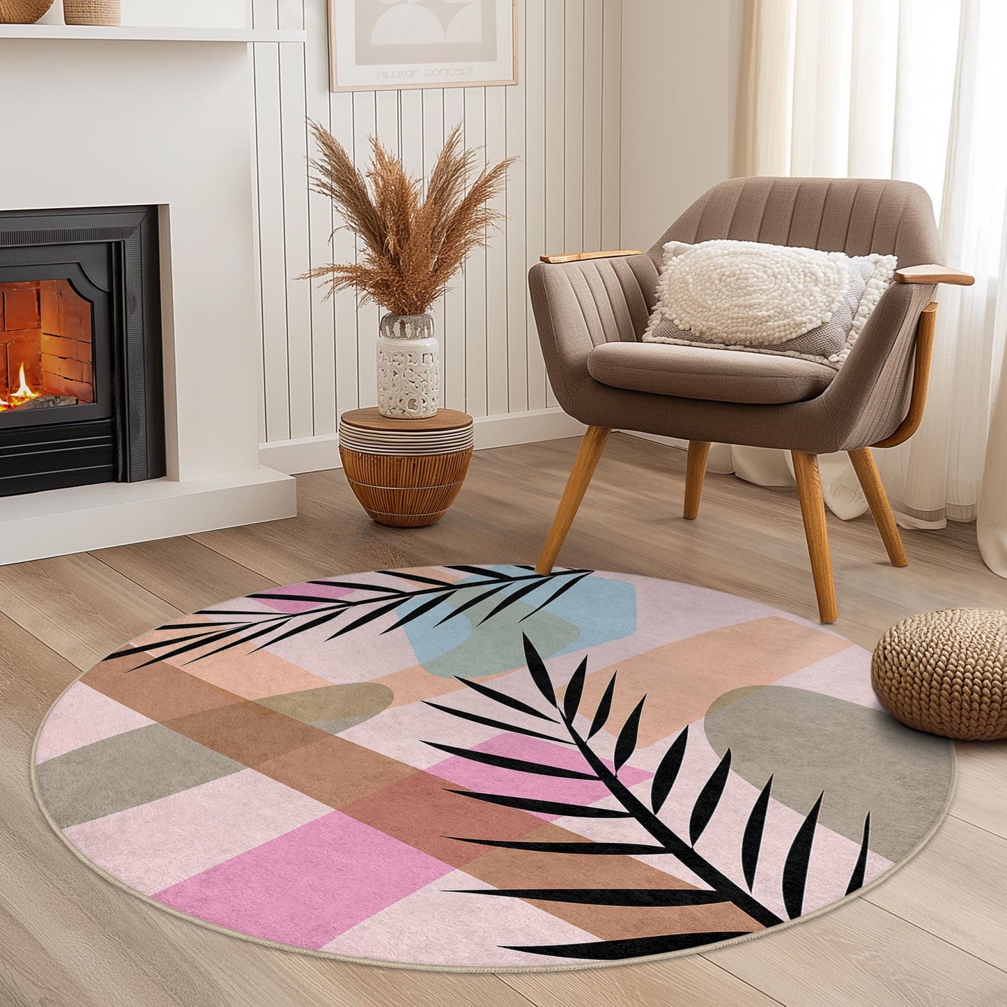 Abstract Leaf Design Round Area Rug | Soft Cotton Circle Carpet | Stylish Home Decor | Unique Boho Living Room Rug