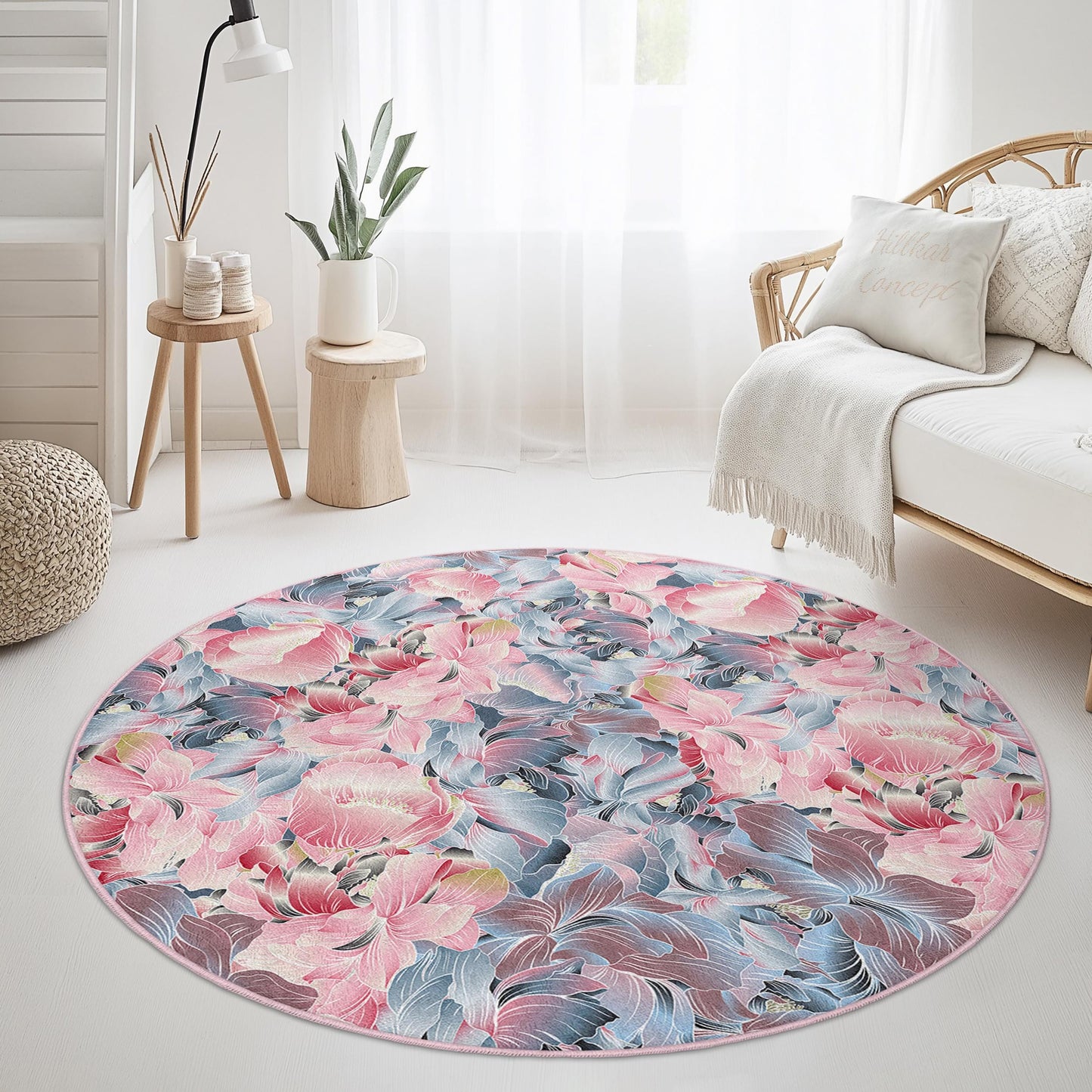 Floral Round Area Rug | Soft Cotton Carpet for Living Room | Elegant Flower Design Mat | Washable and Non-Slip Home Decor