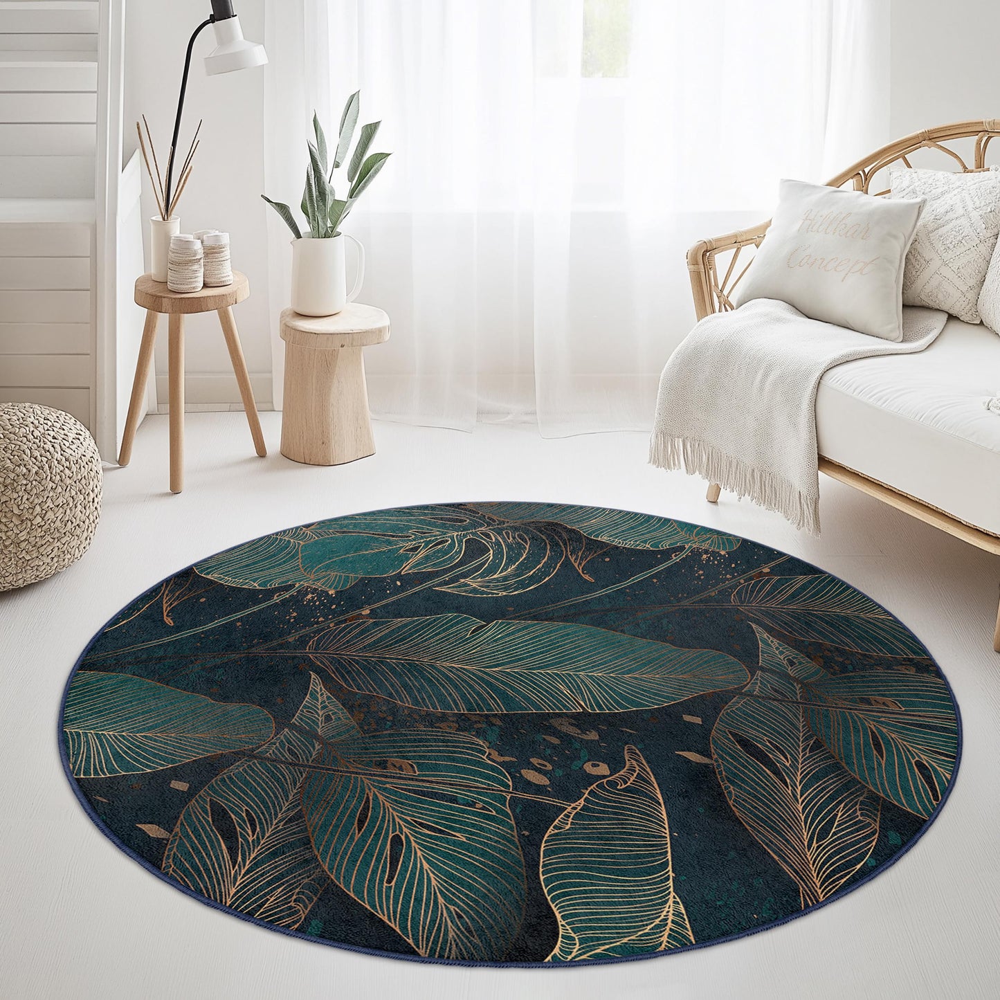 Elegant Leaf Print Round Area Rug | Tropical Green and Gold Decor | Soft Cotton Living Room Mat | Stylish Home Carpet