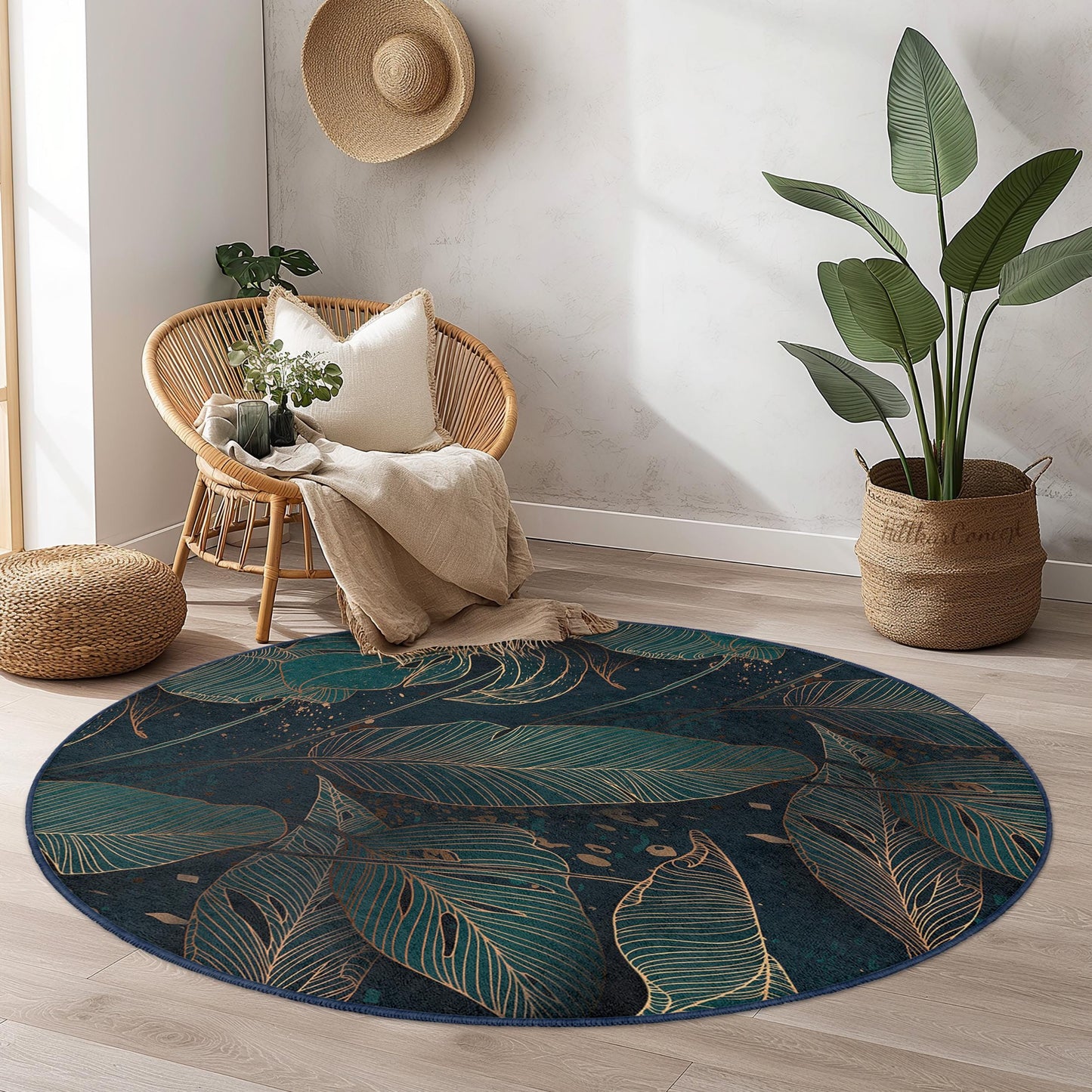 Elegant Leaf Print Round Area Rug | Tropical Green and Gold Decor | Soft Cotton Living Room Mat | Stylish Home Carpet