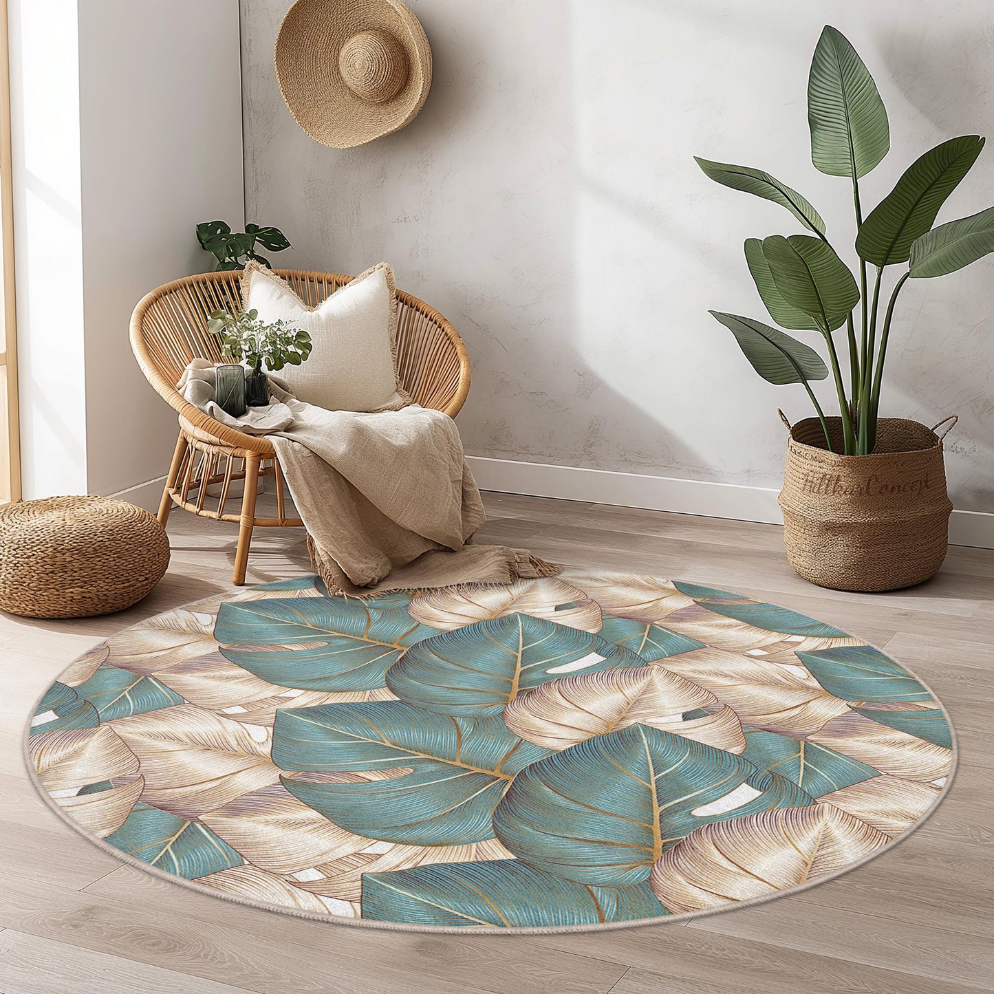 Tropical Leaves Round Area Rug | Soft Cotton Floor Mat | Stylish Home Decor | Ideal for Living Room and Bedroom