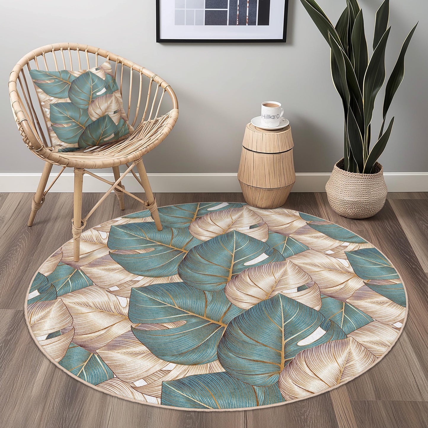 Tropical Leaves Round Area Rug | Soft Cotton Floor Mat | Stylish Home Decor | Ideal for Living Room and Bedroom