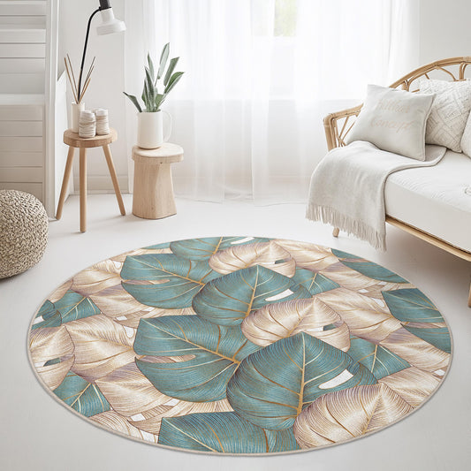 Tropical Leaves Round Area Rug | Soft Cotton Floor Mat | Stylish Home Decor | Ideal for Living Room and Bedroom
