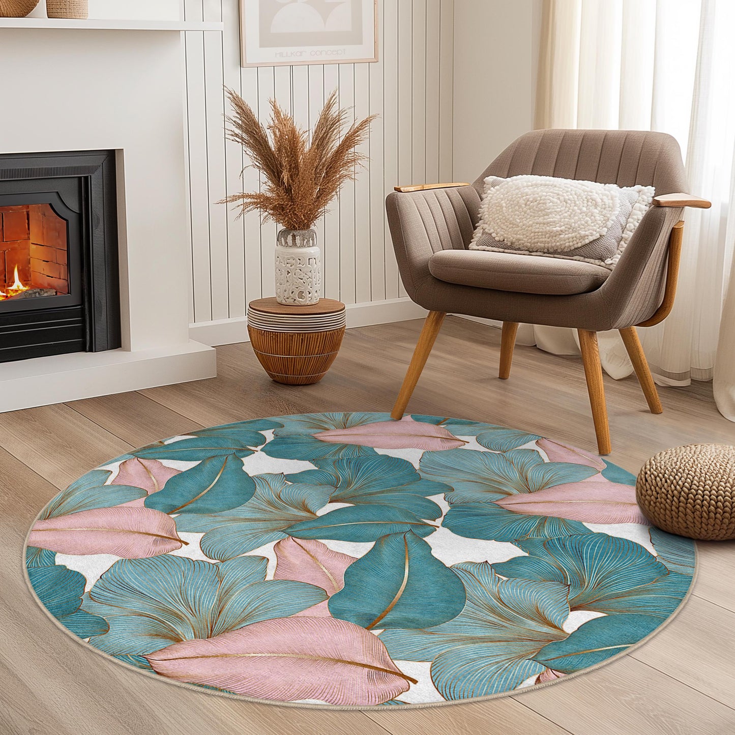 Floral Design Round Area Rug | Tropical Leaf Pattern Carpet | Soft Cotton Living Room Mat | Stylish Home Decor Accent