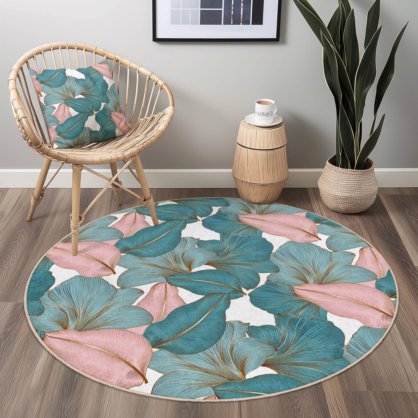 Floral Design Round Area Rug | Tropical Leaf Pattern Carpet | Soft Cotton Living Room Mat | Stylish Home Decor Accent