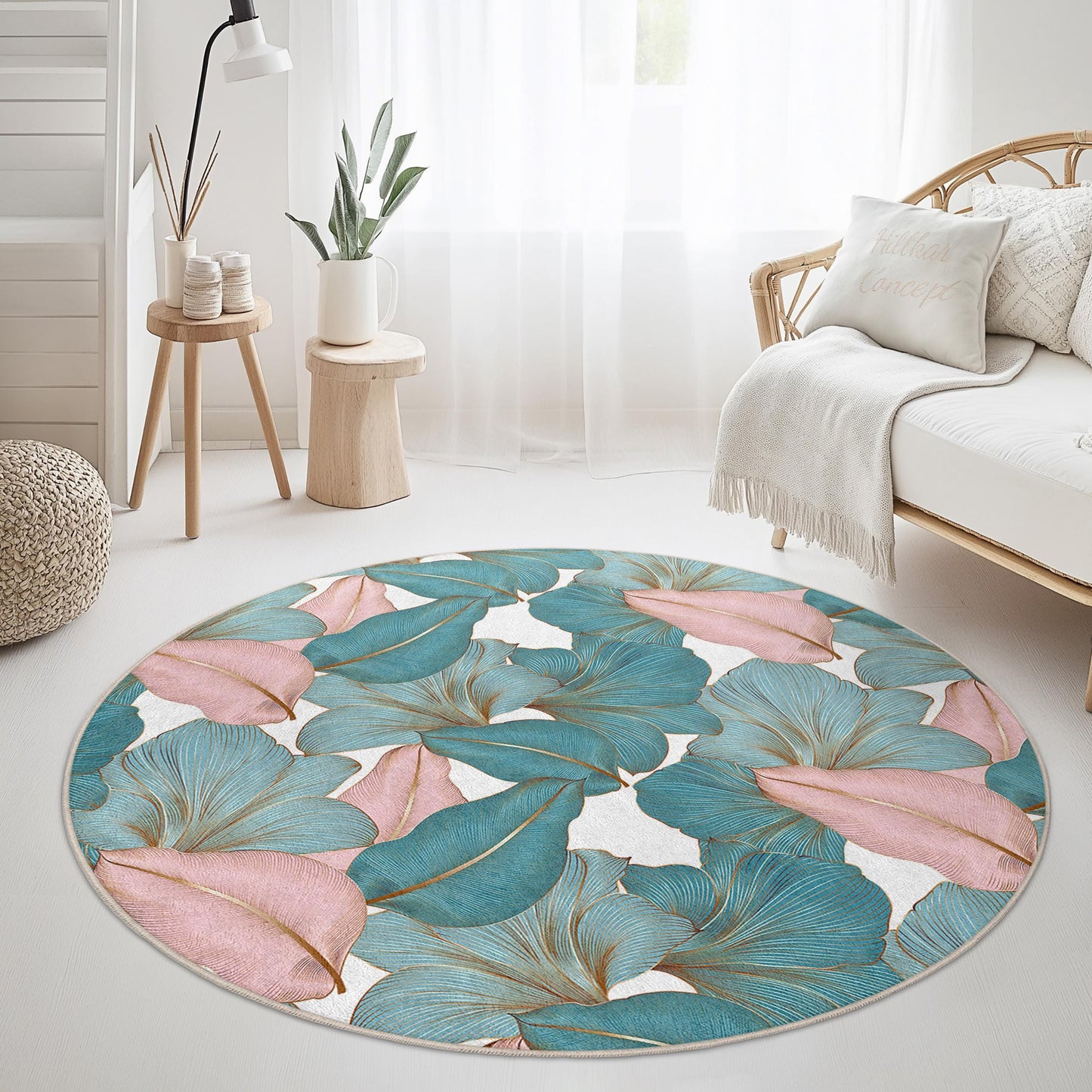 Floral Design Round Area Rug | Tropical Leaf Pattern Carpet | Soft Cotton Living Room Mat | Stylish Home Decor Accent