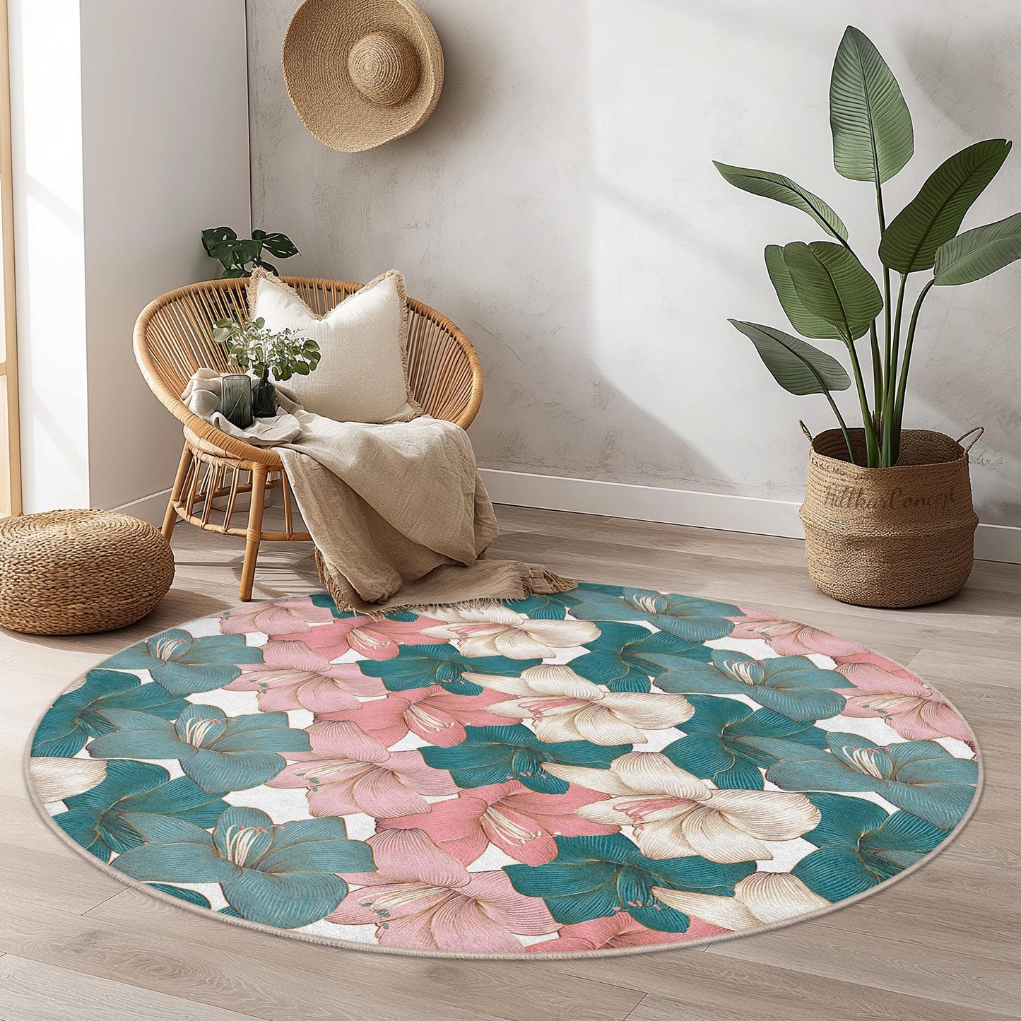 Floral Themed Round Area Rug | Elegant Flower Print Carpet | Soft Cotton Floral Mat for Living Room and Bedroom