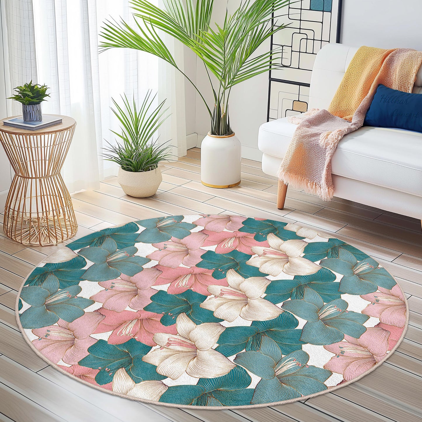Floral Themed Round Area Rug | Elegant Flower Print Carpet | Soft Cotton Floral Mat for Living Room and Bedroom