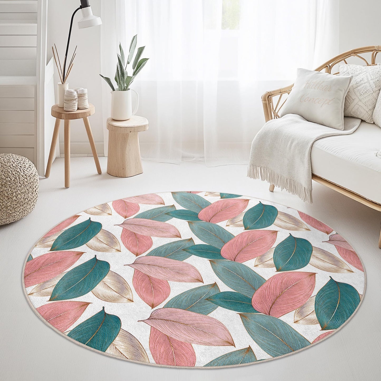 Elegant Leaf Print Round Area Rug | Soft Cotton Floral Carpet | Bohemian Home Decor | Stylish Round Mat for Living Room