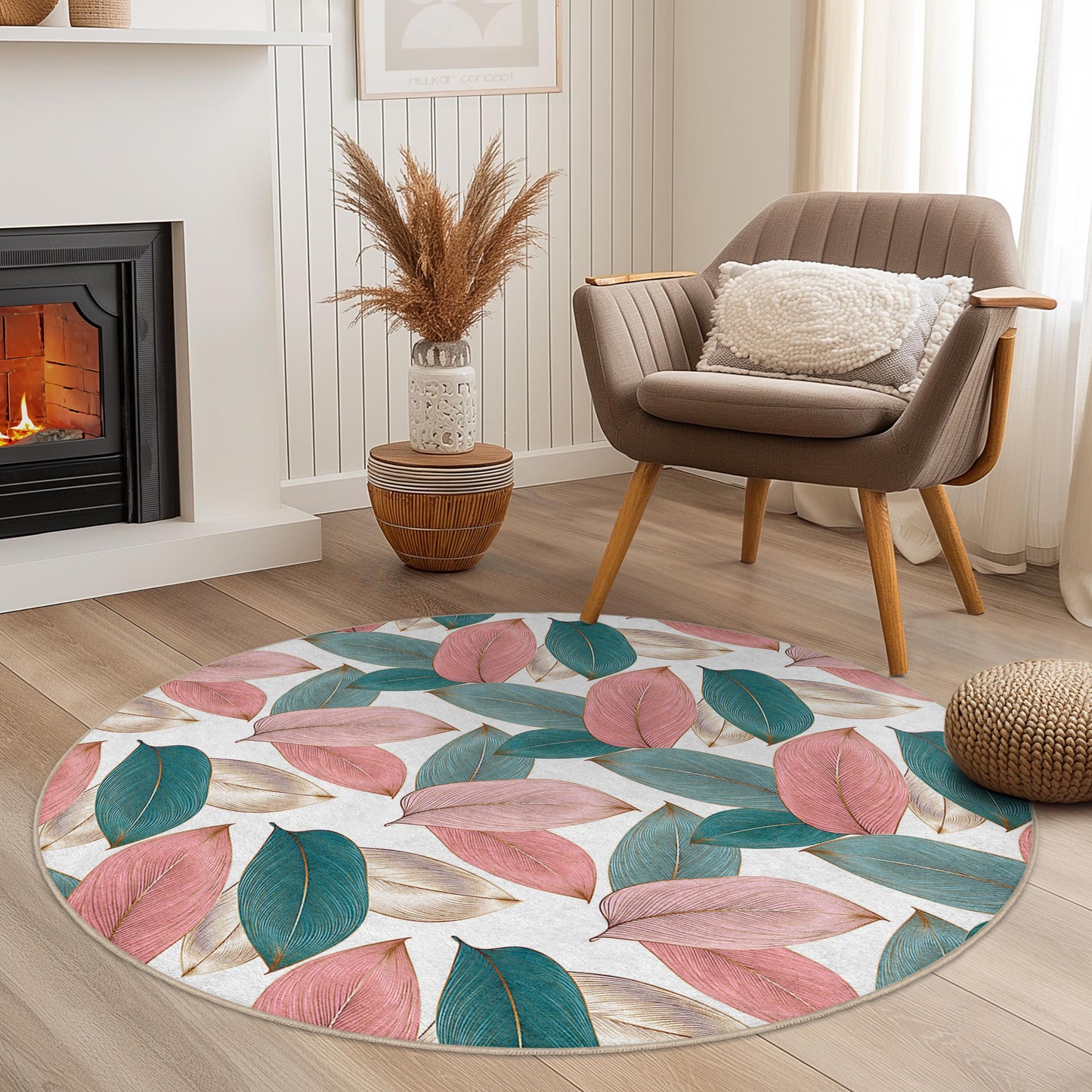Elegant Leaf Print Round Area Rug | Soft Cotton Floral Carpet | Bohemian Home Decor | Stylish Round Mat for Living Room
