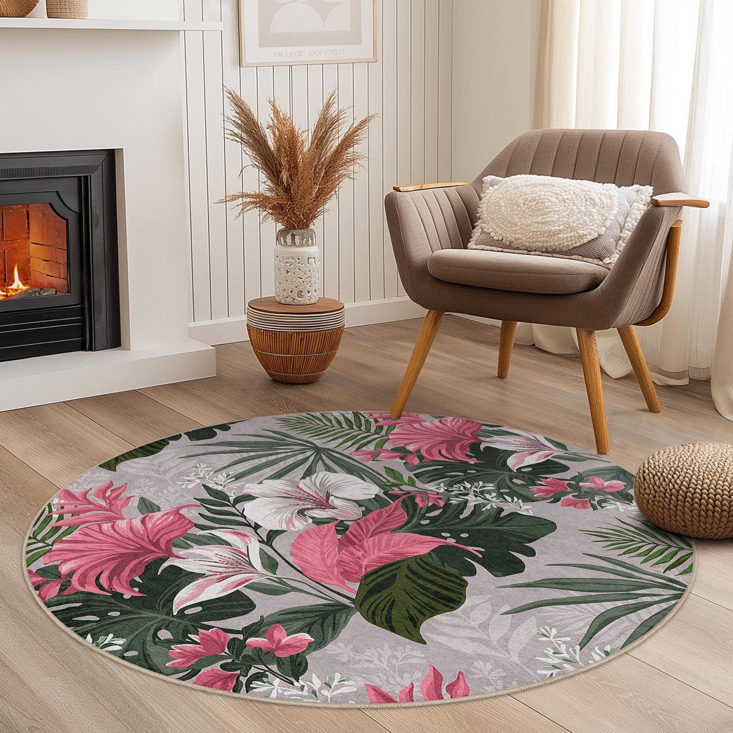 Tropical Floral Round Area Rug | Soft Cotton Home Decor | Non-Slip Indoor Mat | Vibrant Botanical Carpet for Living Room