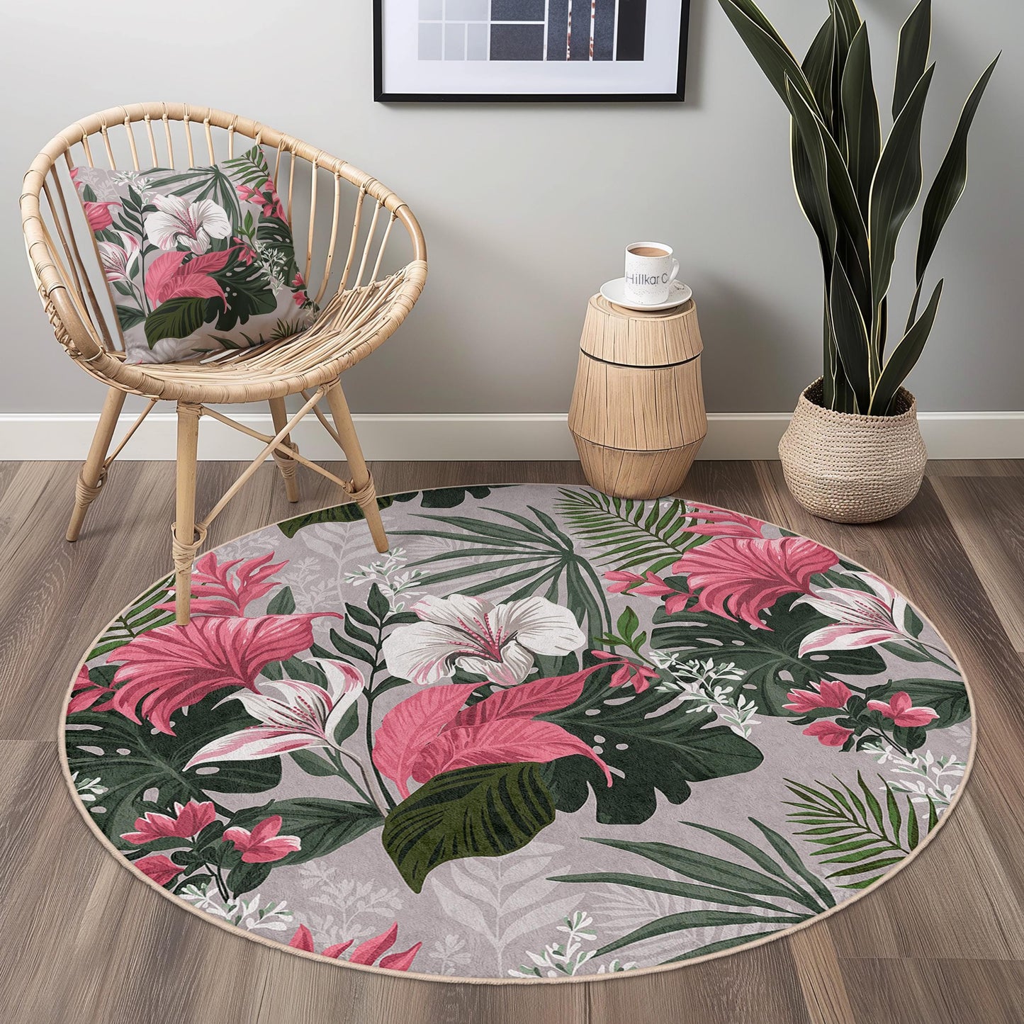 Tropical Floral Round Area Rug | Soft Cotton Home Decor | Non-Slip Indoor Mat | Vibrant Botanical Carpet for Living Room