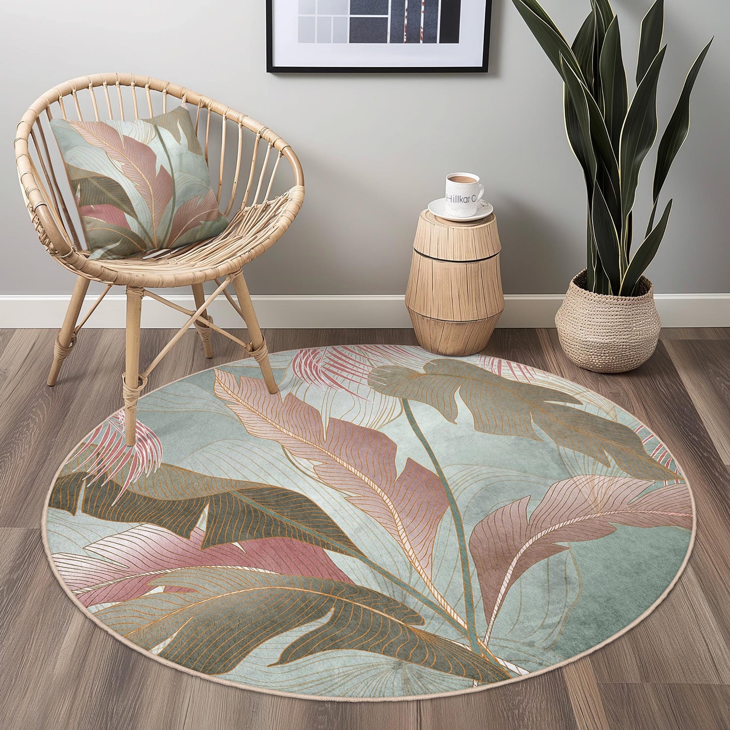 Elegant Round Leaf Pattern Rug | Soft Cotton Area Carpet | Stylish Home Decor | Botanical Themed Round Mat