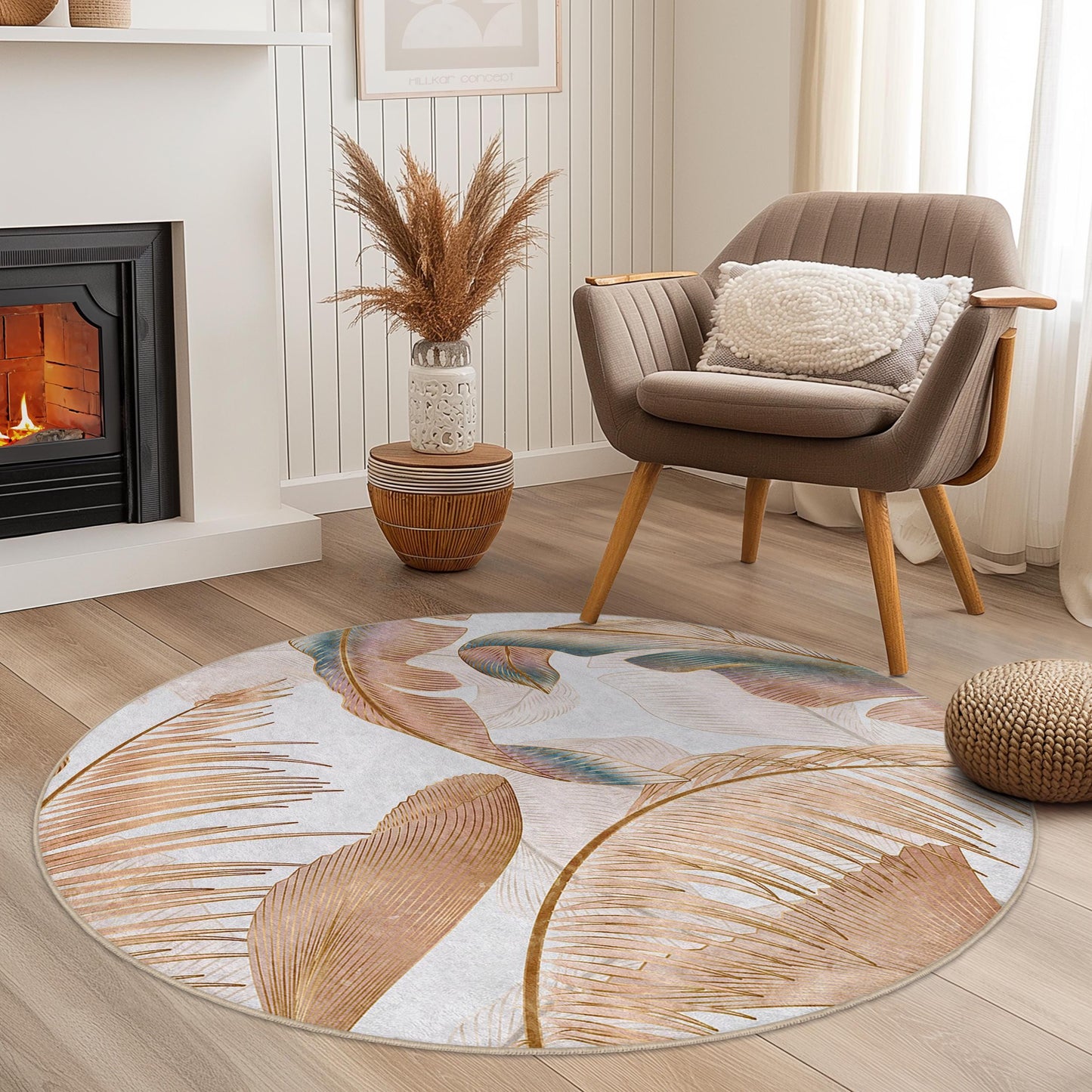Elegant Tropical Leaf Round Area Rug | Soft Cotton Floor Mat | Stylish Boho Home Decor | Washable Indoor Round Carpet