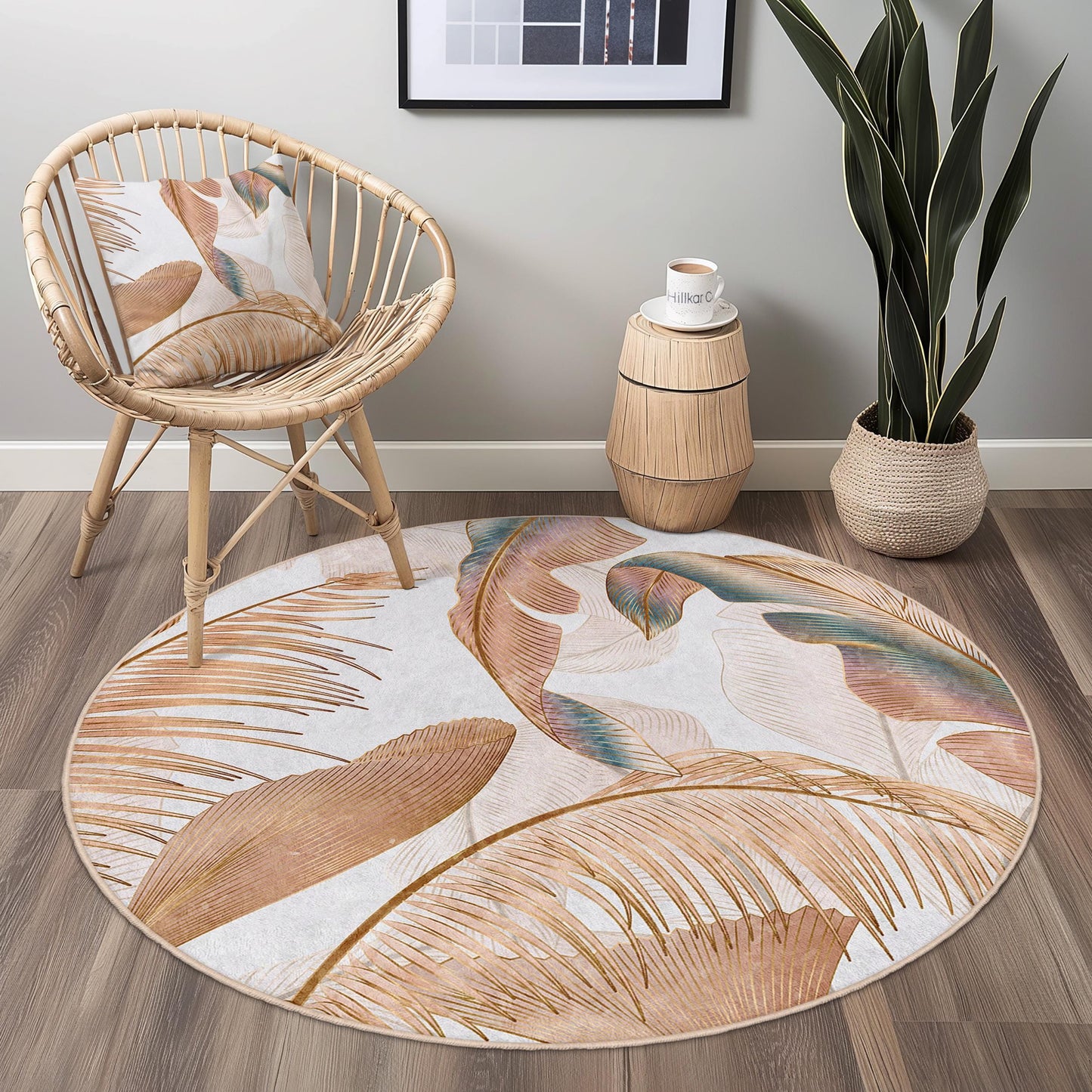 Elegant Tropical Leaf Round Area Rug | Soft Cotton Floor Mat | Stylish Boho Home Decor | Washable Indoor Round Carpet