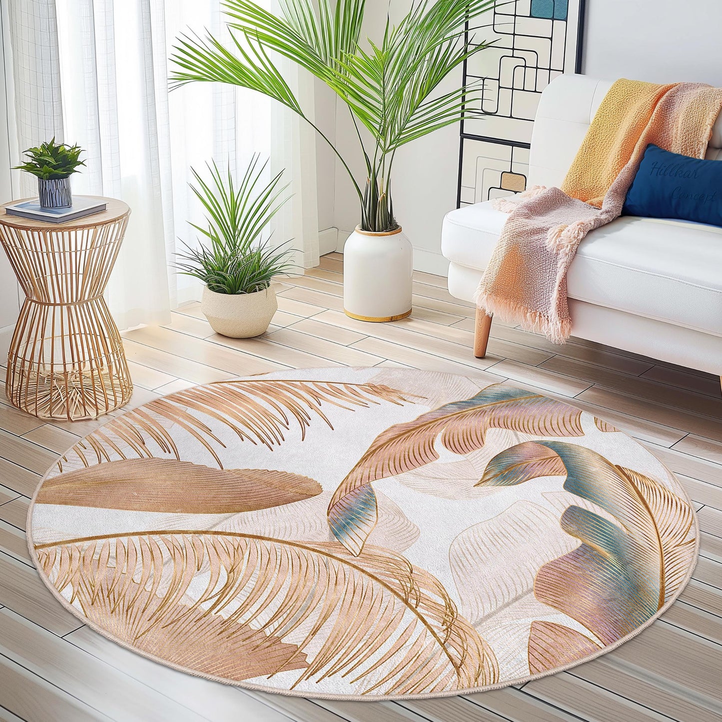 Elegant Tropical Leaf Round Area Rug | Soft Cotton Floor Mat | Stylish Boho Home Decor | Washable Indoor Round Carpet