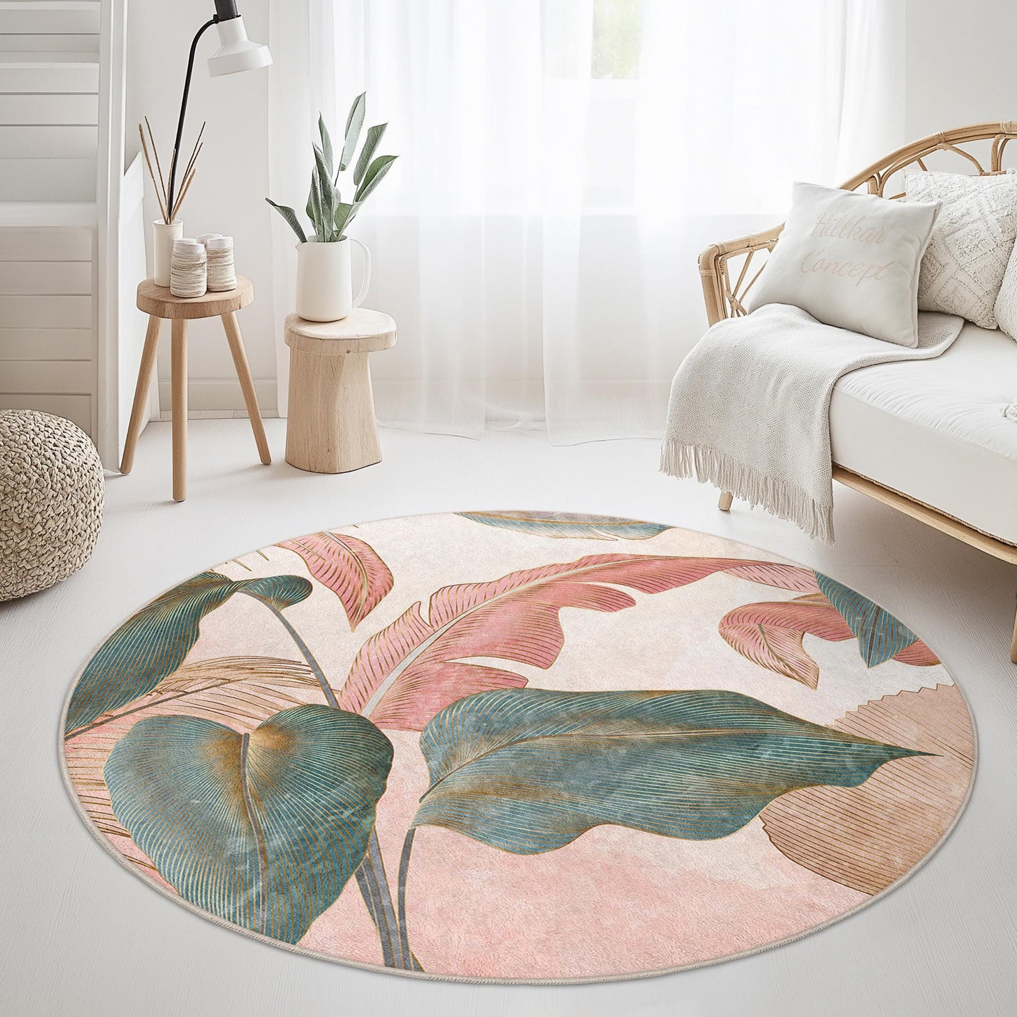 Botanical Round Area Rug | Tropical Leaf Design Carpet | Soft Floral Home Decor | Washable Circle Rug for Living Room