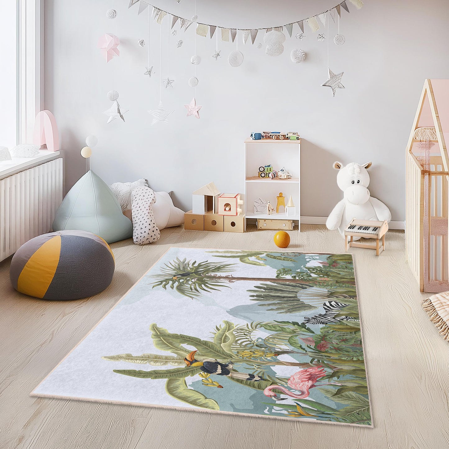 Tropical Jungle Adventure Kids Rug, Colorful Animal Play Mat, Rectangular Kids Room Rug, Nursery Decor, Jungle Themed Rug