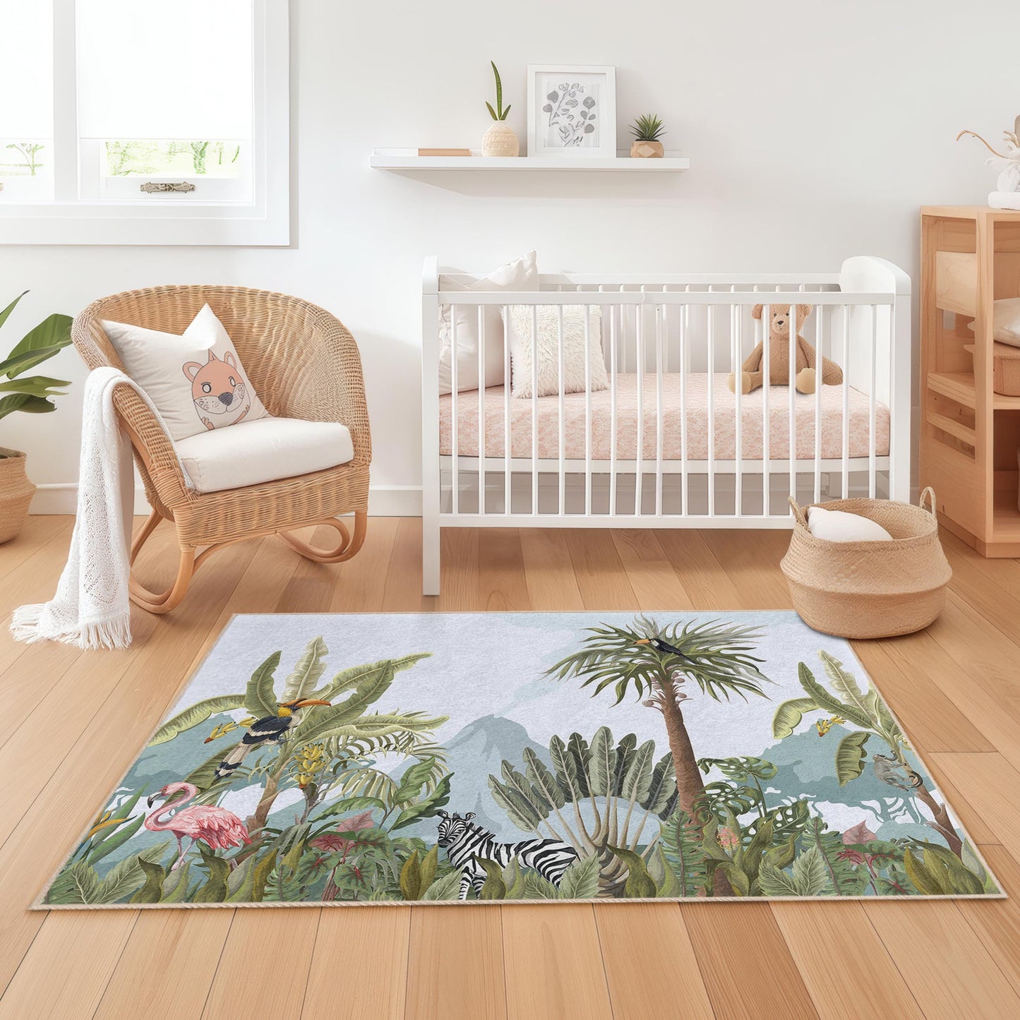 Tropical Jungle Adventure Kids Rug, Colorful Animal Play Mat, Rectangular Kids Room Rug, Nursery Decor, Jungle Themed Rug