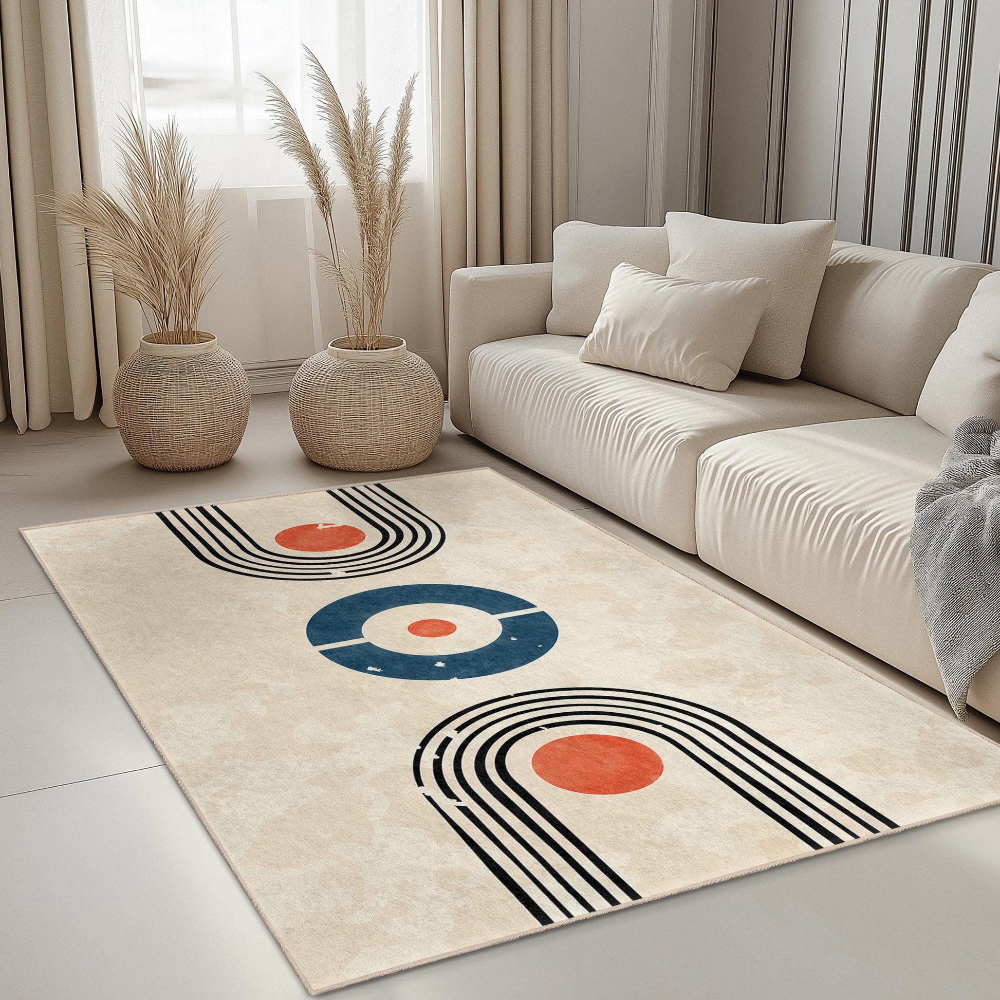 Geometric Retro Rectangle Area Rug, Modern Design Carpet for Living Room, Soft Indoor Rug, Stylish Home Decor, Unique Floor Mat