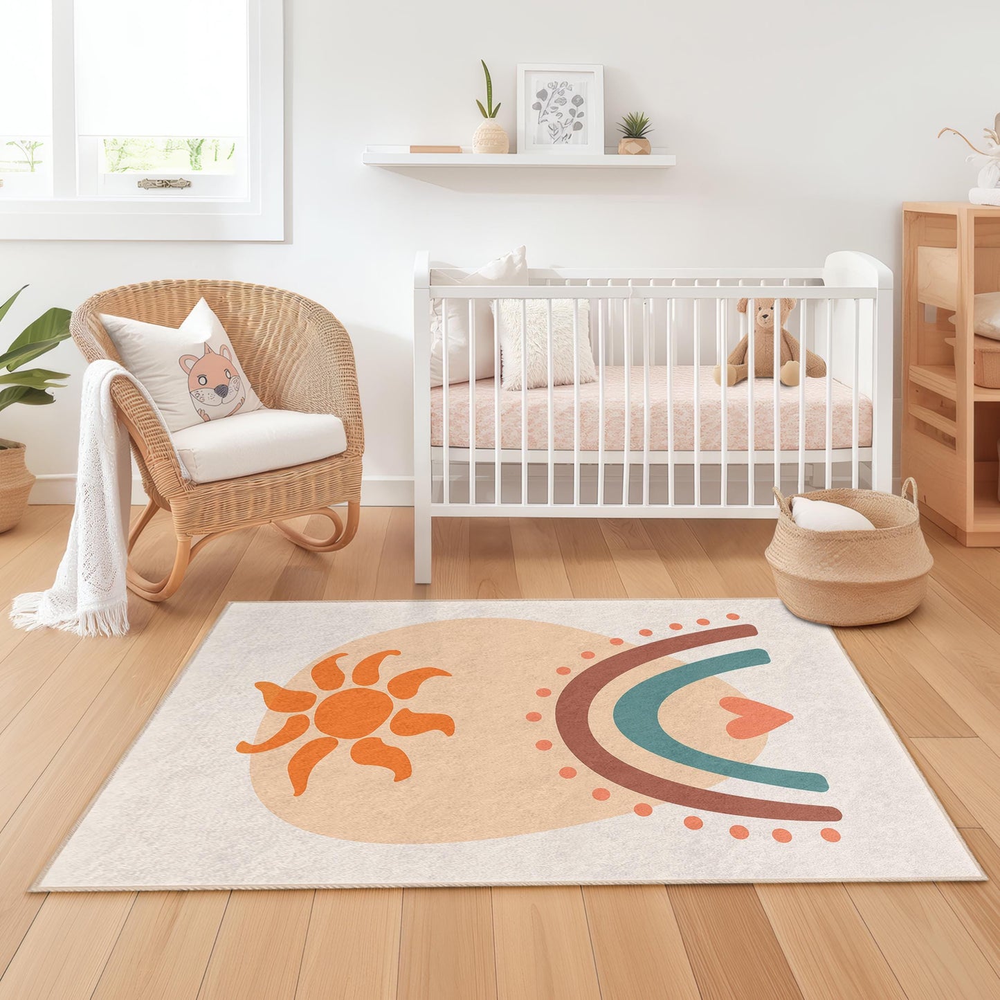 Sunshine Rainbow Pattern Kids Rectangular Rug, Colorful Playroom Carpet, Soft Nursery Mat, Toddler Room Decor, Kids Room Rug