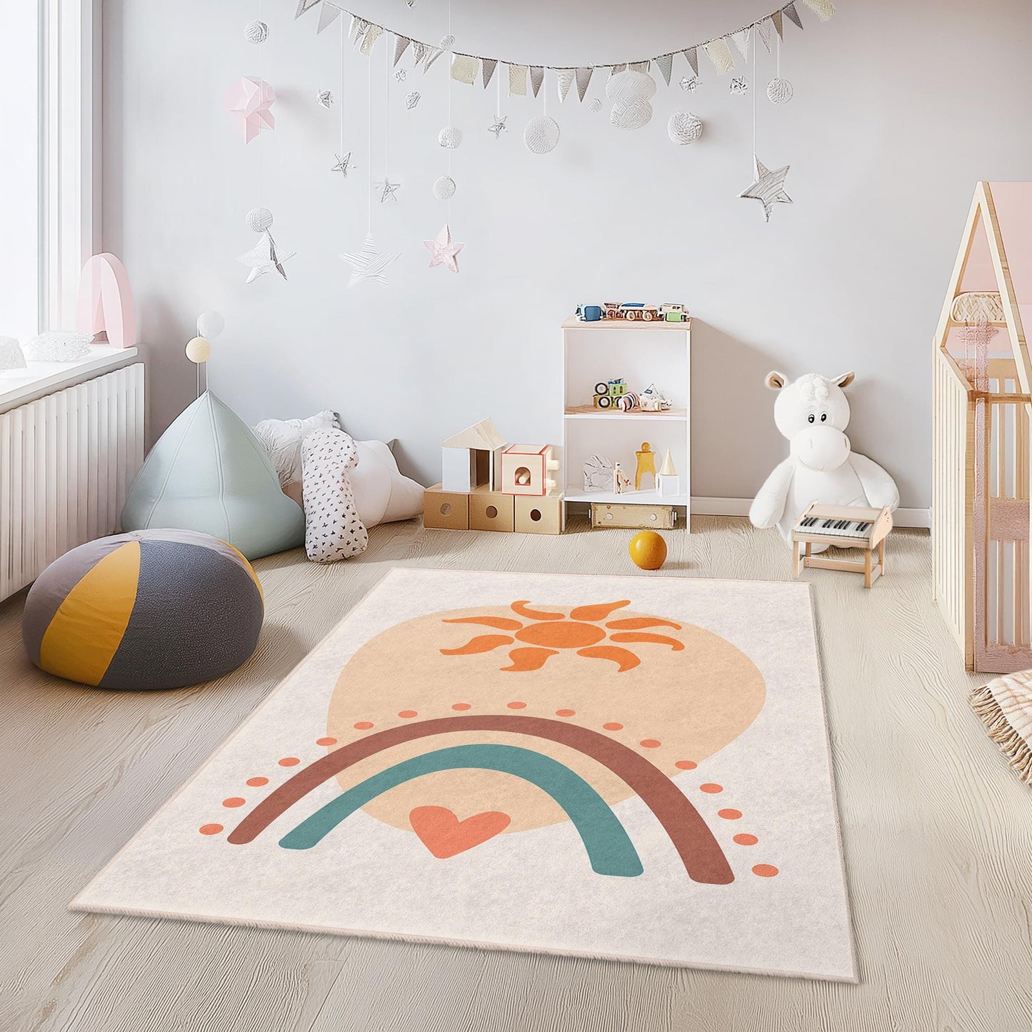 Sunshine Rainbow Pattern Kids Rectangular Rug, Colorful Playroom Carpet, Soft Nursery Mat, Toddler Room Decor, Kids Room Rug