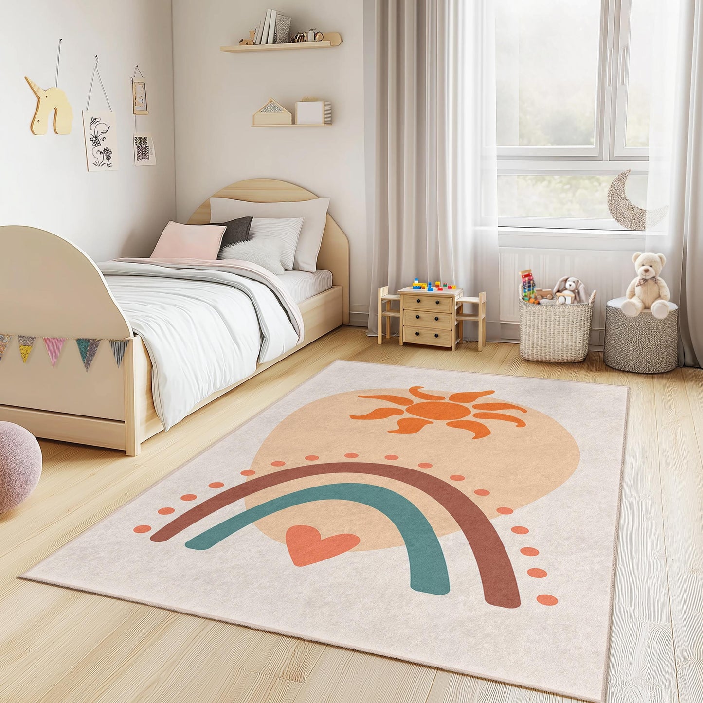 Sunshine Rainbow Pattern Kids Rectangular Rug, Colorful Playroom Carpet, Soft Nursery Mat, Toddler Room Decor, Kids Room Rug