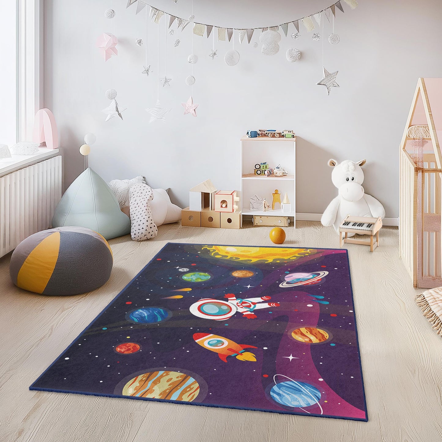 Astronaut and Planets Design, Space Adventure Kids Play Rug, Rectangle Childrens Rug, Cosmic Play Mat for Kids Room, Bedroom Decor